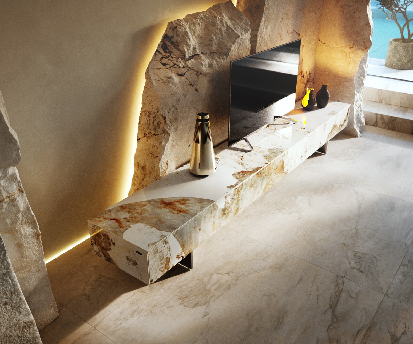 Meuble-TV Cuor 250 cm Céramique Minas Melange Blanc-beige 1 Clapet 1 Tiroir Pied optique flottant Ancier inoxydable 3