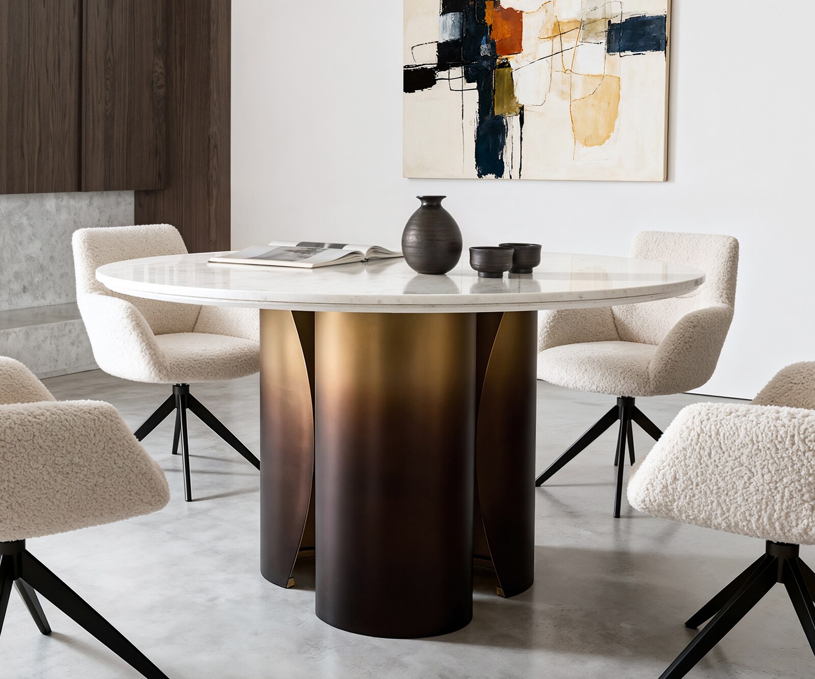 Table-à-manger Adenza ronde 140 x 140 cm Marbre blanc Métal doré Finition fusion 1