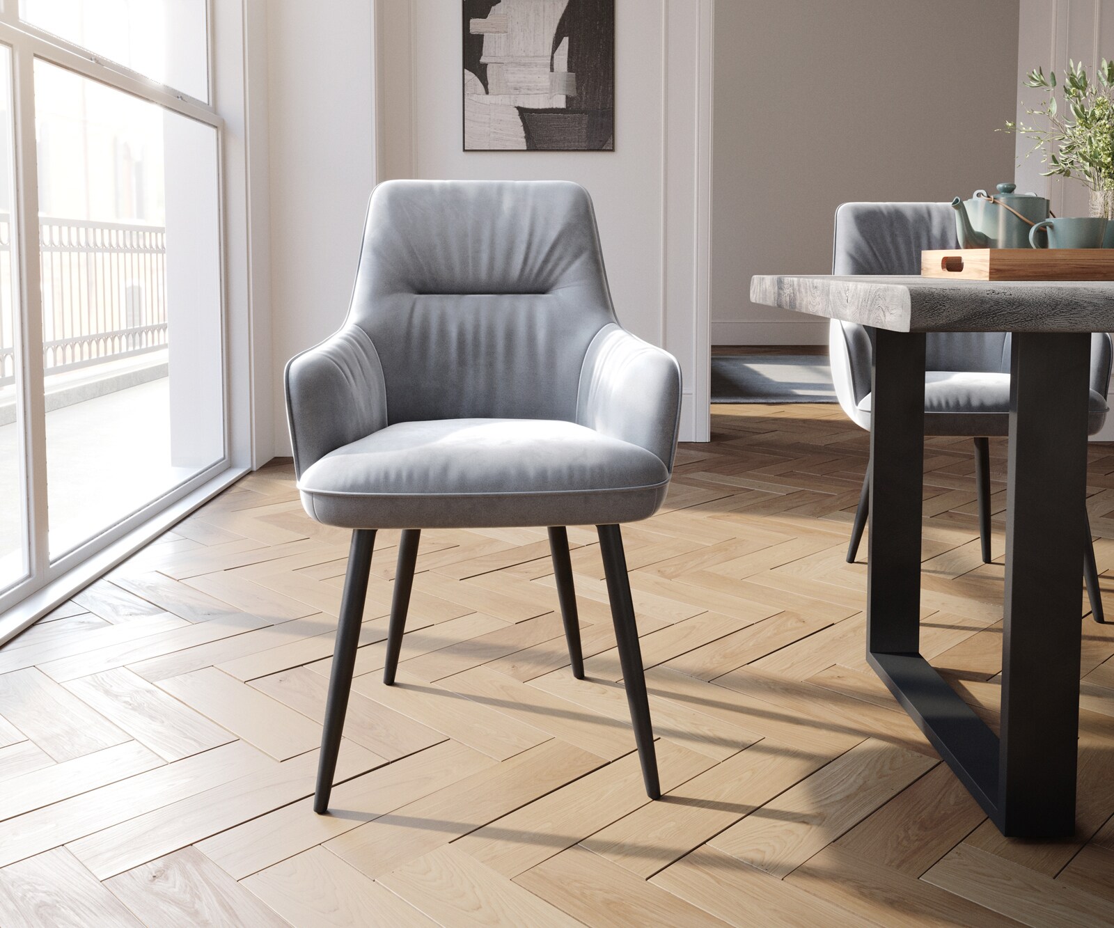 Chaise-de-salle-à-manger Zelia-Flex avec accoudoirs velours gris 4 pieds coniques noir ressorts ensachés 1 Chaise-de-salle-à-manger Zelia-Flex avec accoudoirs velours gris 4 pieds coniques noir ressorts ensachés 1