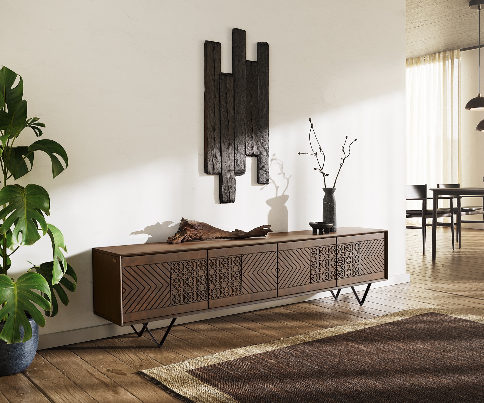 Meuble-TV Manjula 200 cm Manguier marron 4 portes Pied en V métal noir