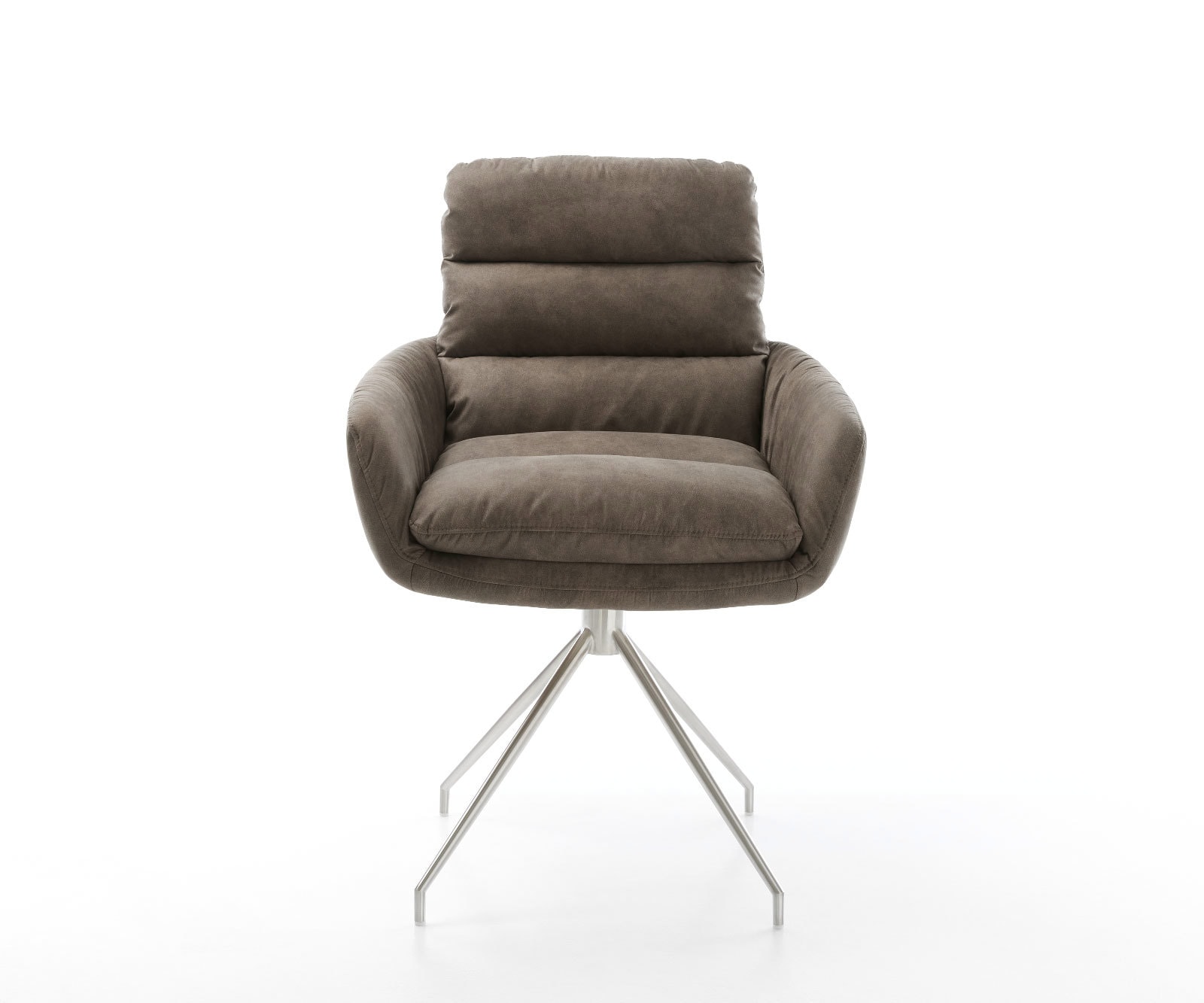 Chaise-de-salle-à-manger Abelia-Flex avec accoudoirs microvelours taupe vintage pied croisé conique acier inoxydable brossé 2