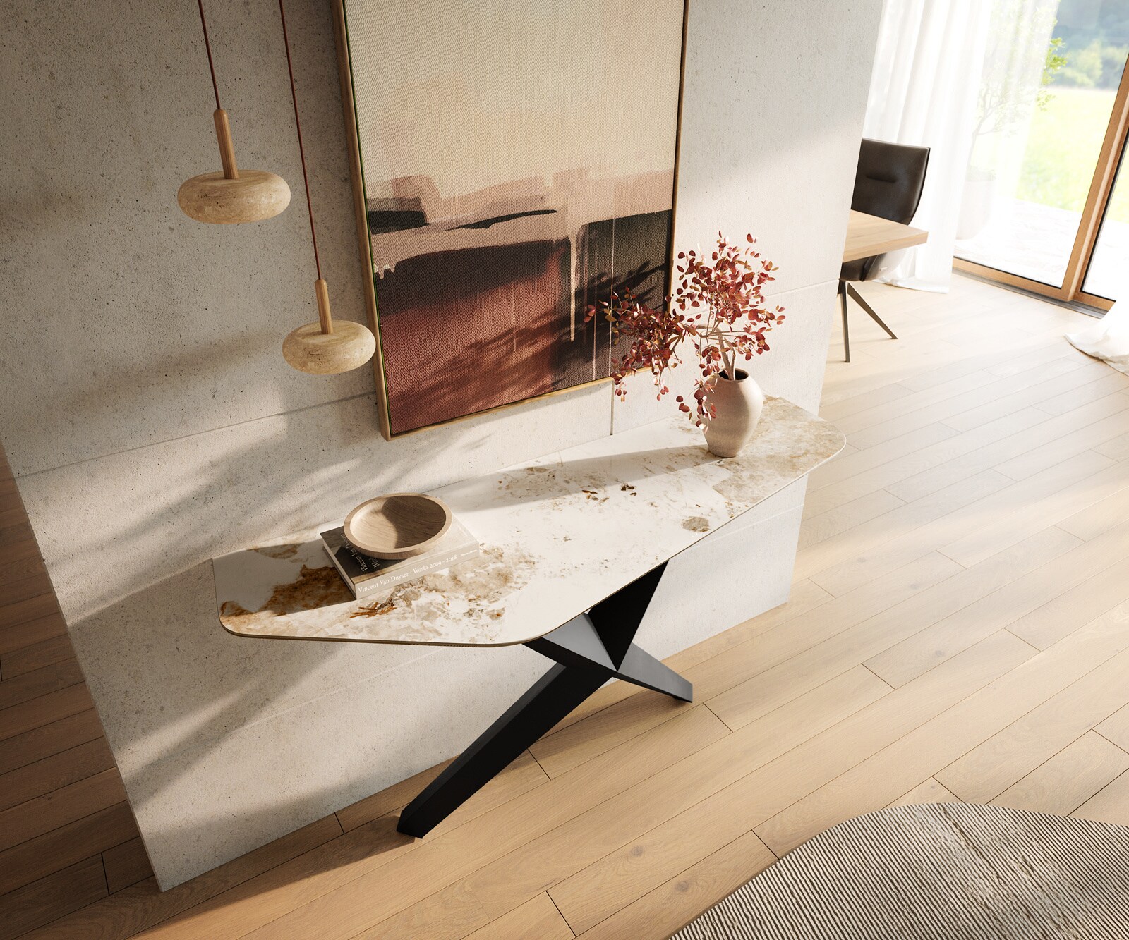 Console Edge Polygonal 140x50 cm Céramique Minas Melange Weiß-Beige Zentharo Métal Noir 1