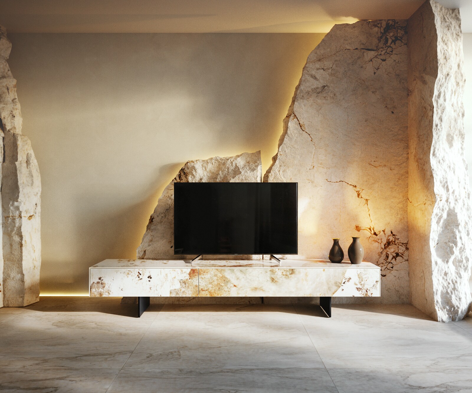 Meuble-TV Cuor 200 cm Céramique Minas Melange Blanc-beige 1 Clapet 1 Tiroir Pied optique flottant Métal Noir