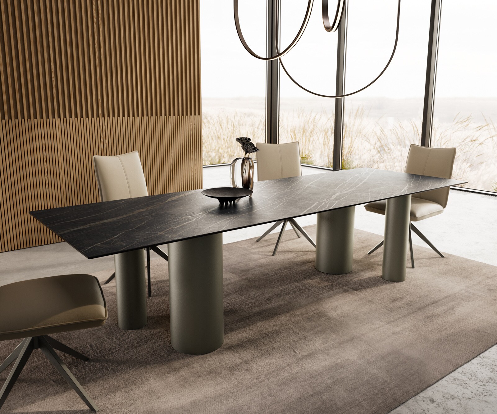 Table à manger Edge 300x100 Céramique Laminam®Noir Desir Marron Pilier Métal finition à effet Titane 1