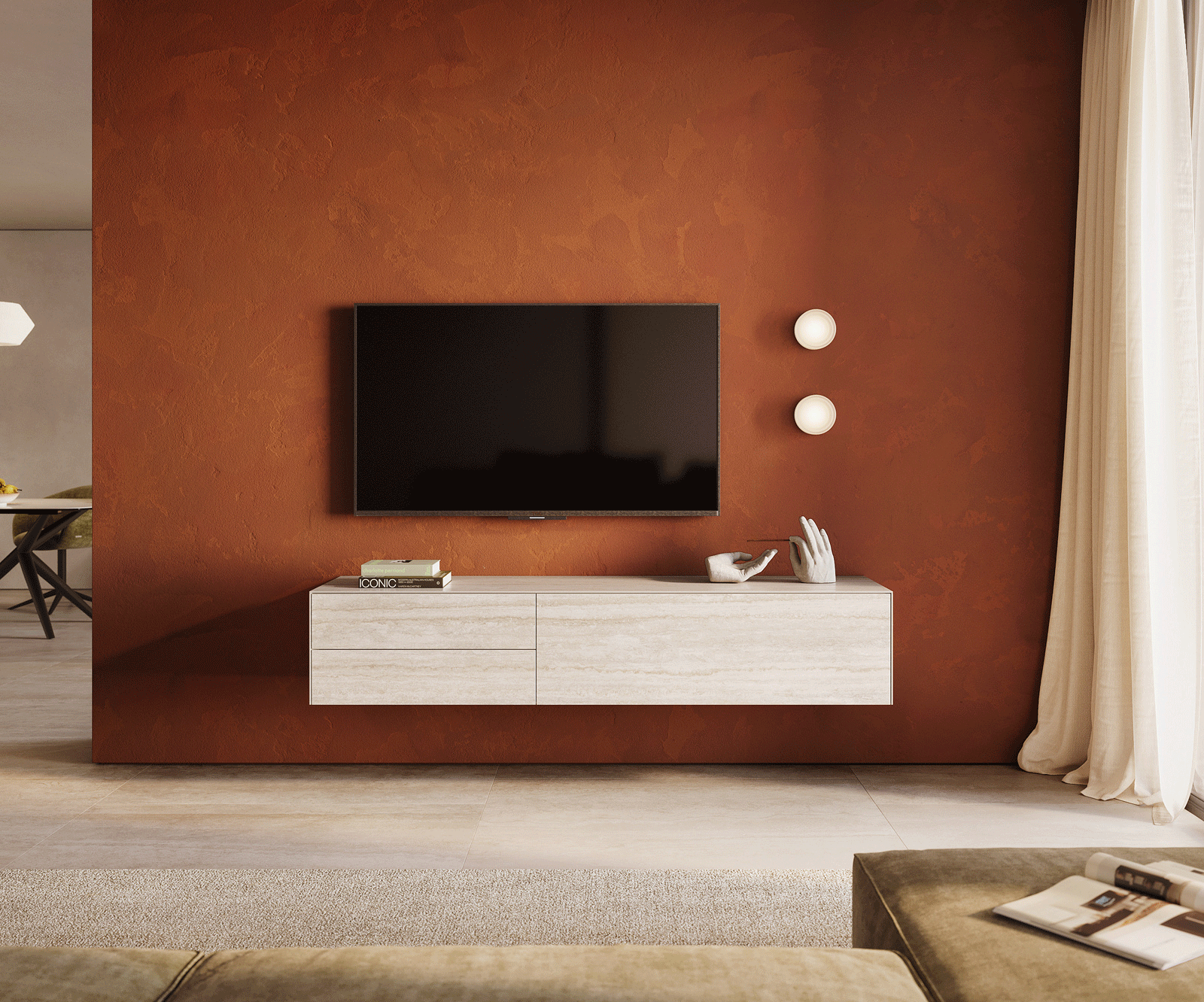Meuble-TV Cuor 180 cm Céramique Laminam® Travertino Bianco Crème-blanc 1 Clapet 2 Tiroirs Flottant 1