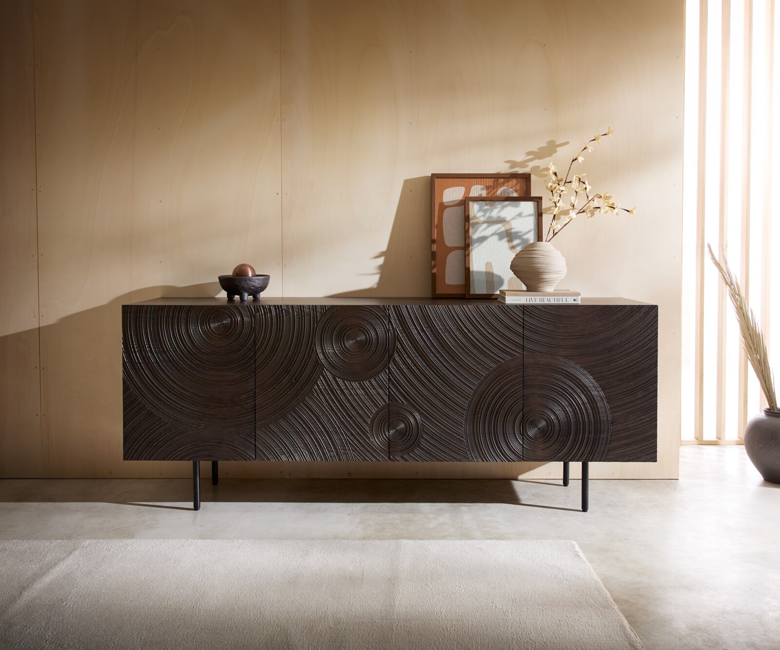 Buffet Ashara 200 cm Frêne brun foncé Effet 3D 4 portes Pieds ronds Métal Noir 1