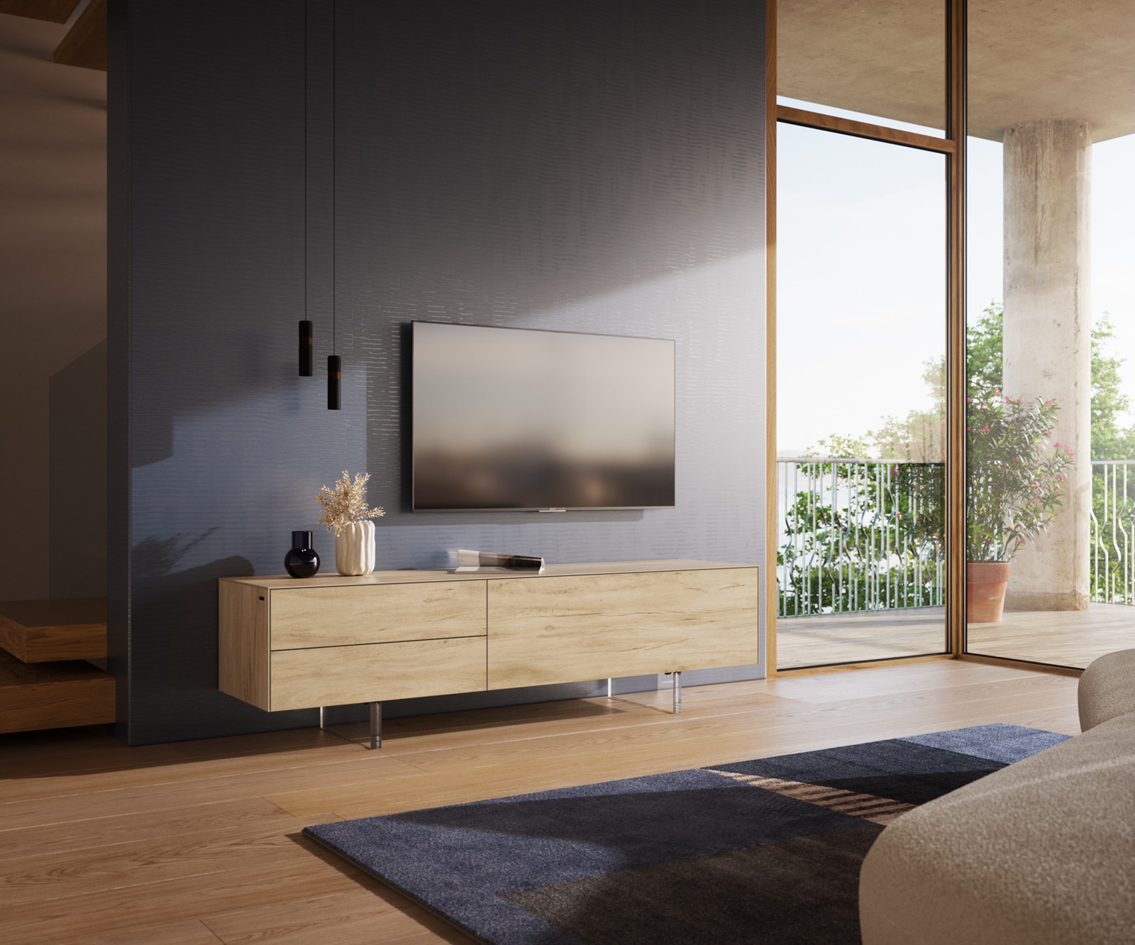 Meuble-TV Cuor 180 cm Céramique Laminam® Sabbia Teinte chêne 1 Clapet 2 Tiroirs Pied optique flottant Verre acrylique