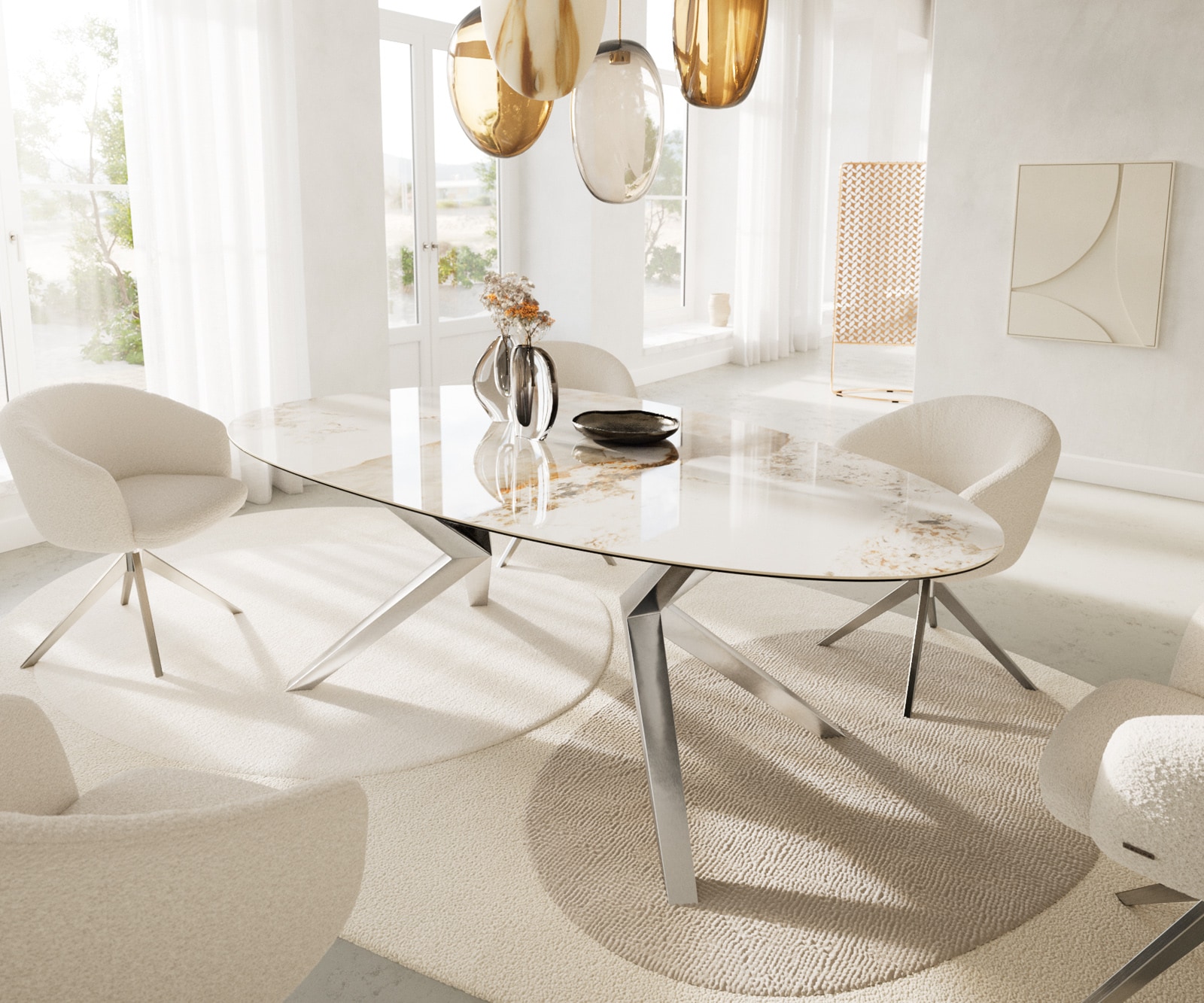 Table à manger Edge Ovale 220x120 Céramique Minas Melange Blanc-Beige Zenthara anguleux Acier inoxydable 1