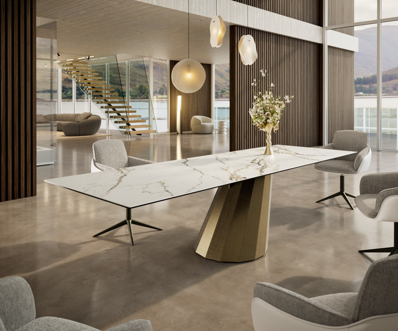 Table à manger Edge 300x100 céramique Calacatta Luxe blanc-doré-gris parabole métallique doré 1 Table à manger Edge 300x100 céramique Calacatta Luxe blanc-doré-gris parabole métallique doré 1
