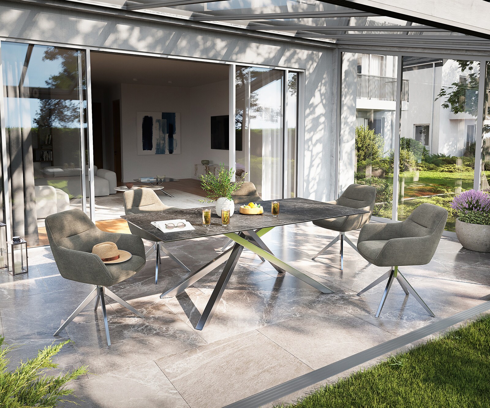 Table d’extérieur Edge 200x100 cm céramique Laminam® Nero Greco anthracite piètement croisé rectangulaire en acier inoxydable 5