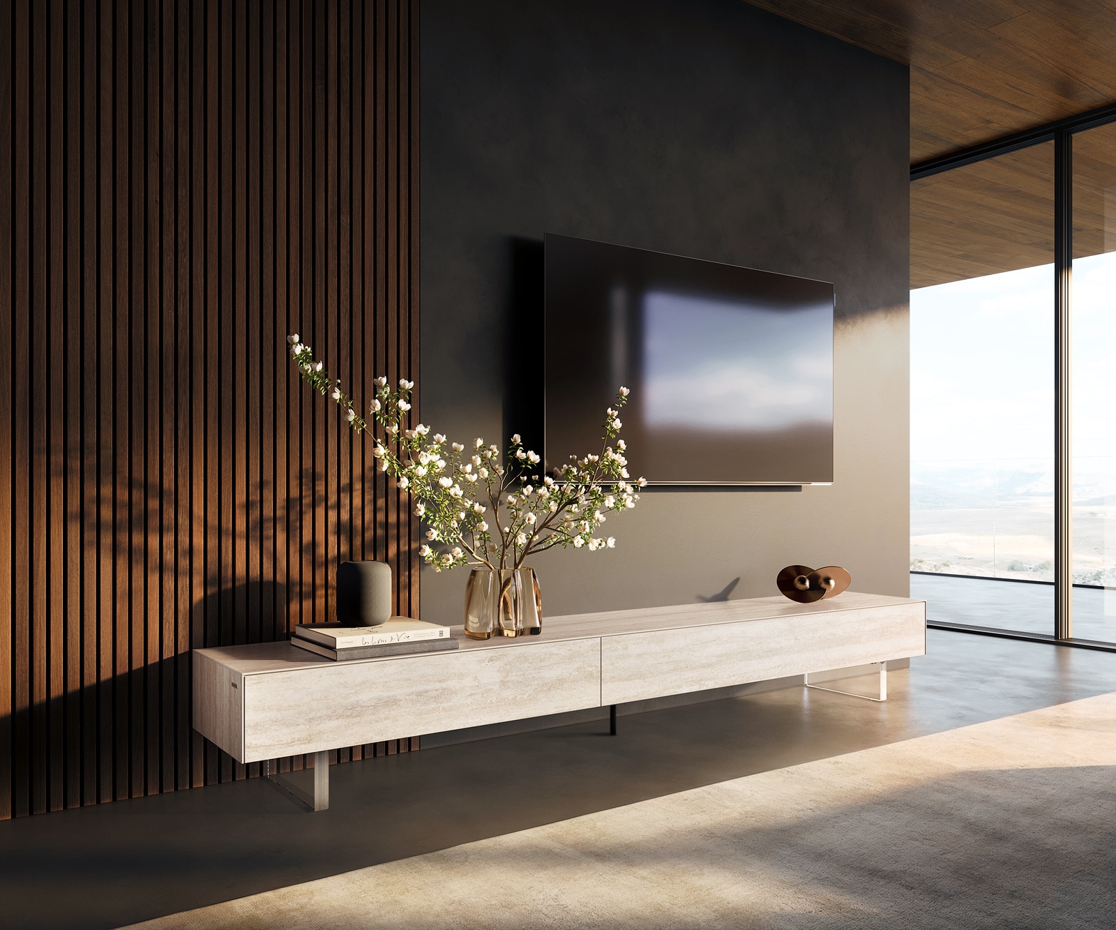 Meuble-TV Cuor 250 cm Céramique Laminam® Travertino Bianco Crème-blanc 1 Clapet 1 Tiroir Pied optique flottant Verre acrylique Meuble-TV Cuor 250 cm Céramique Laminam® Travertino Bianco Crème-blanc 1 Clapet 1 Tiroir Pied optique flottant Verre acrylique