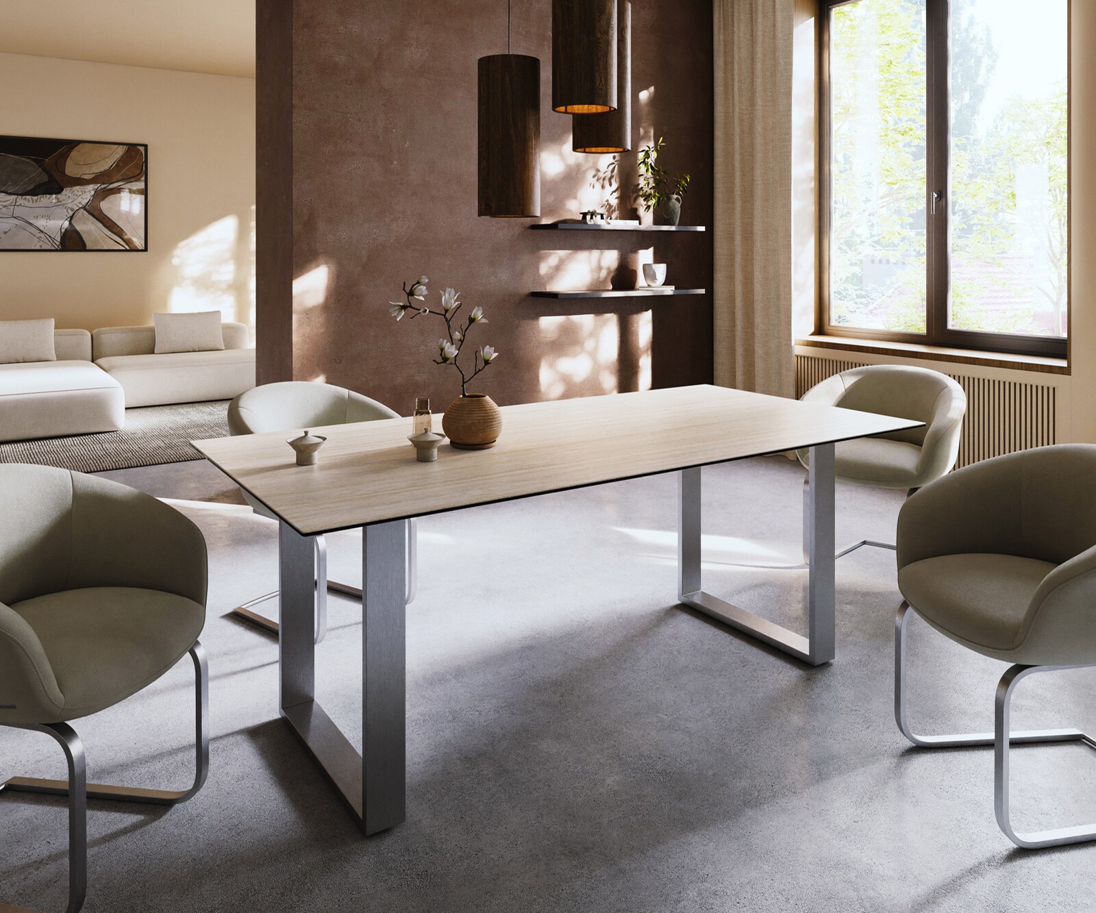Table à manger Edge 200x100 céramique Laminam® Travertino Bianco crème-blanc acier inoxydable étroit 1