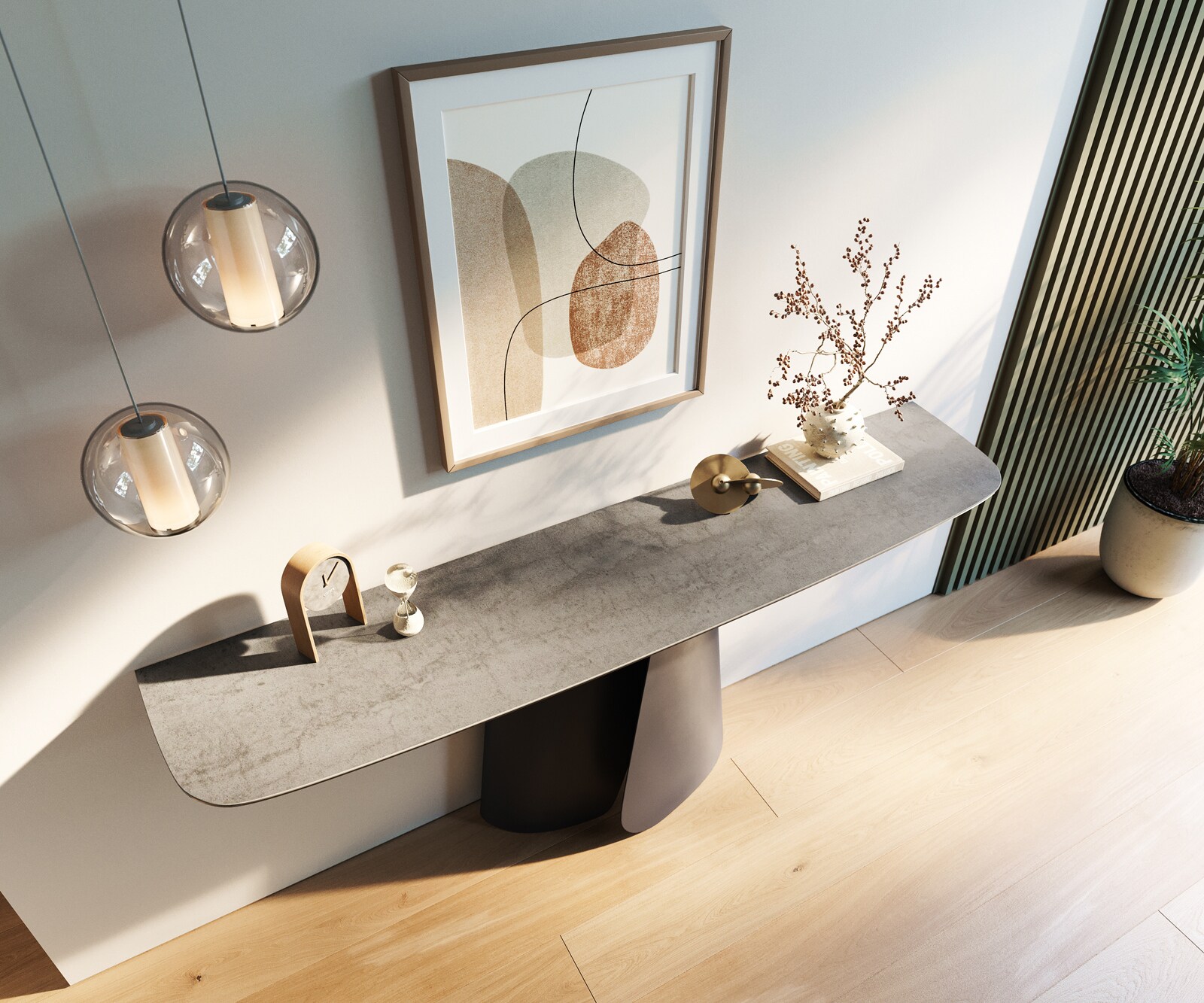 Console Edge forme bateau 180x40 cm Céramique Gris béton Livos Métal Noir 4