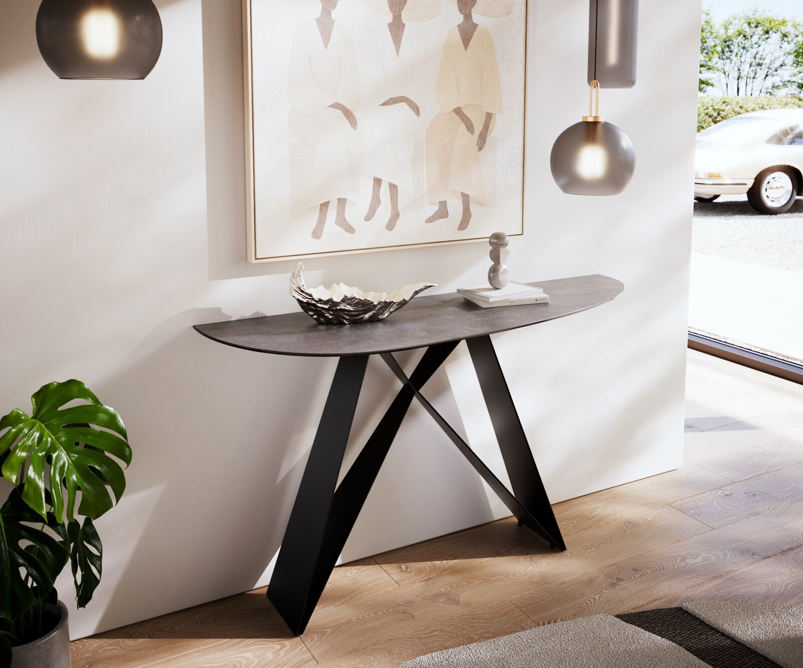 Table console Edge Oval 140x40 cm Céramique Béton Gris Velio Métal Noir 2