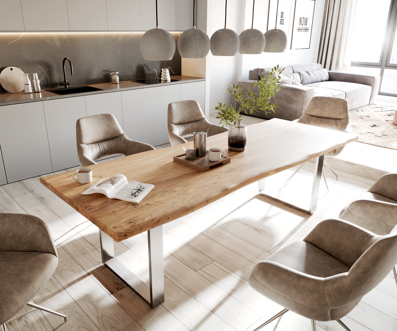 Table-à-manger Edge 260x100 acacia nature acier inoxydable mince Live-Edge Table-à-manger Edge 260x100 acacia nature acier inoxydable mince Live-Edge