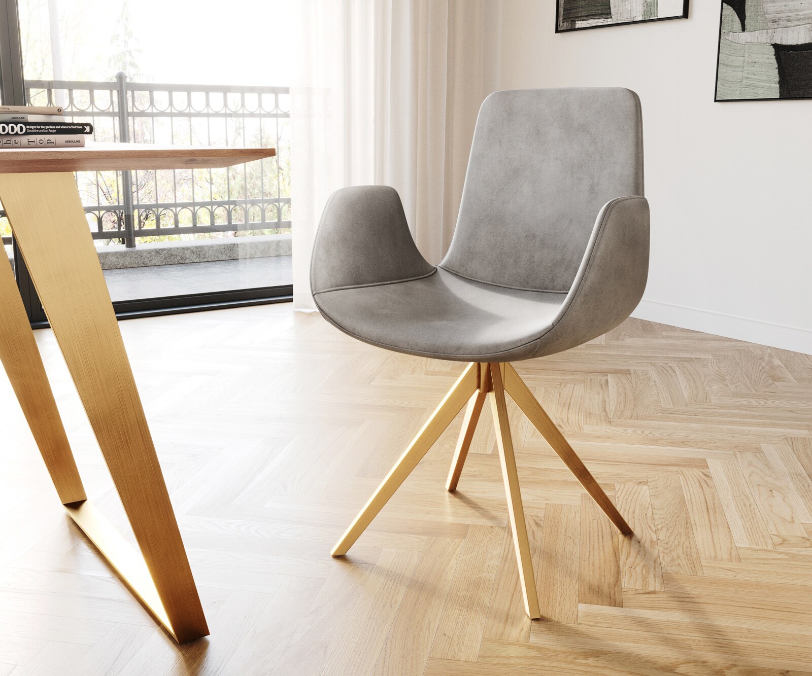 Chaise-pivotante Ilia-Flex avec accoudoirs velours gris pied croisé angulaire or pivotement sur 180°