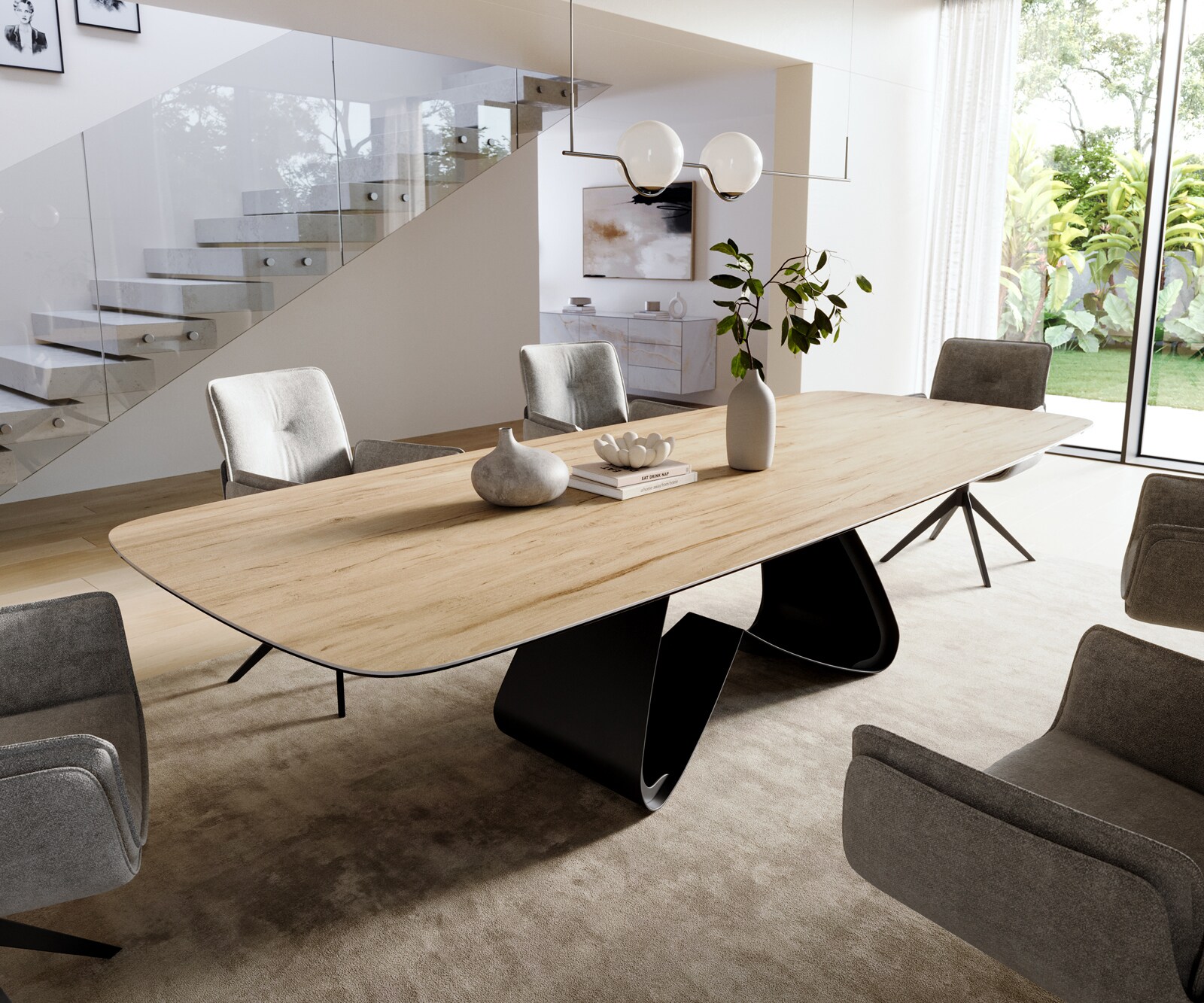 Table à manger Edge Boot 300x120 cm Céramique Laminam® Sabbia Eichefarbig piètement en W Métal Noir 1