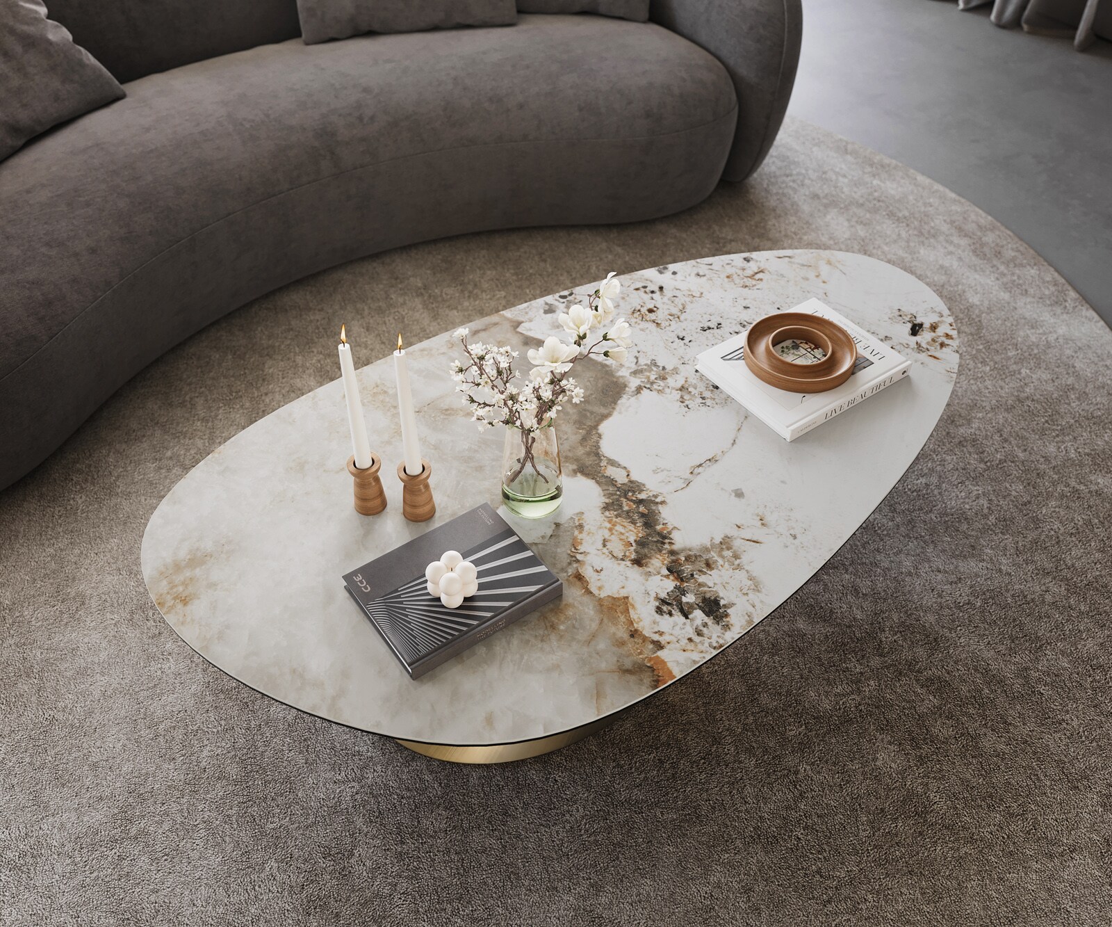 Table basse Edge Oval 140x75 cm céramique Minas Melange Conis doré métallique 3