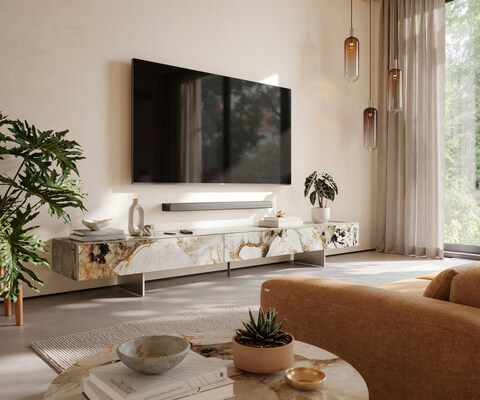Meuble-TV Cuor 250 cm Céramique Patagonia raffinée 1 Clapet 1 Tiroir Pied optique flottant Ancier inoxydable