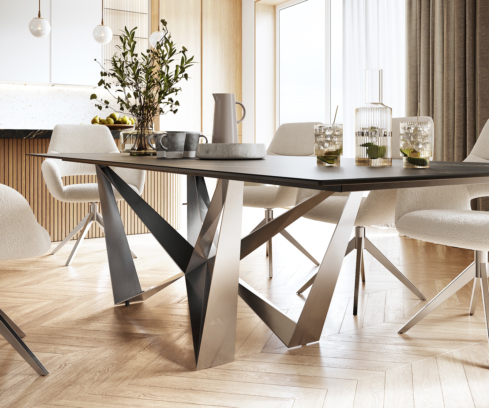 Table-à-manger Edge 300x100cm Laminam® céramique marron pieds milieu acier plat argent 6 Table-à-manger Edge 300x100cm Laminam® céramique marron pieds milieu acier plat argent 6