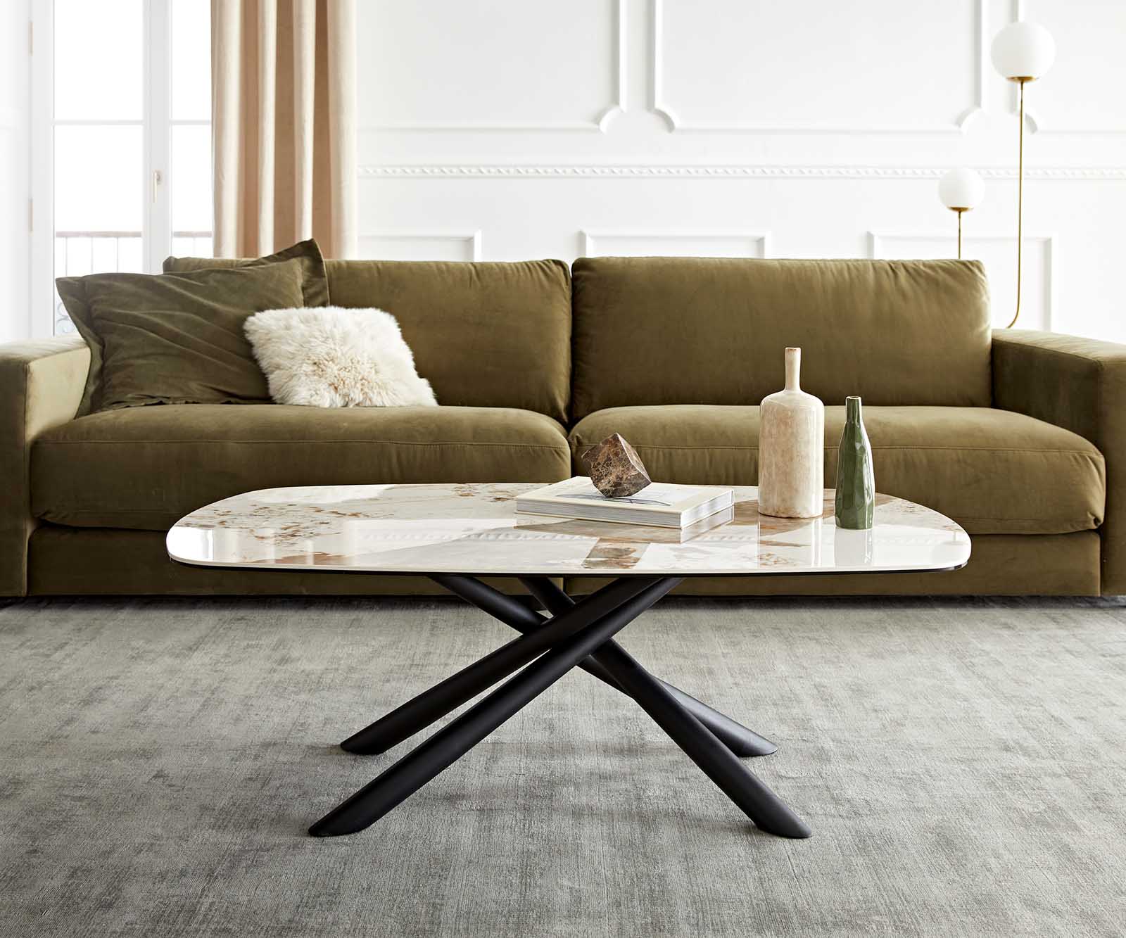 Table-basse Sarita 120x70 cm céramique Minas Melange blanc-beige piètement métal noir 2