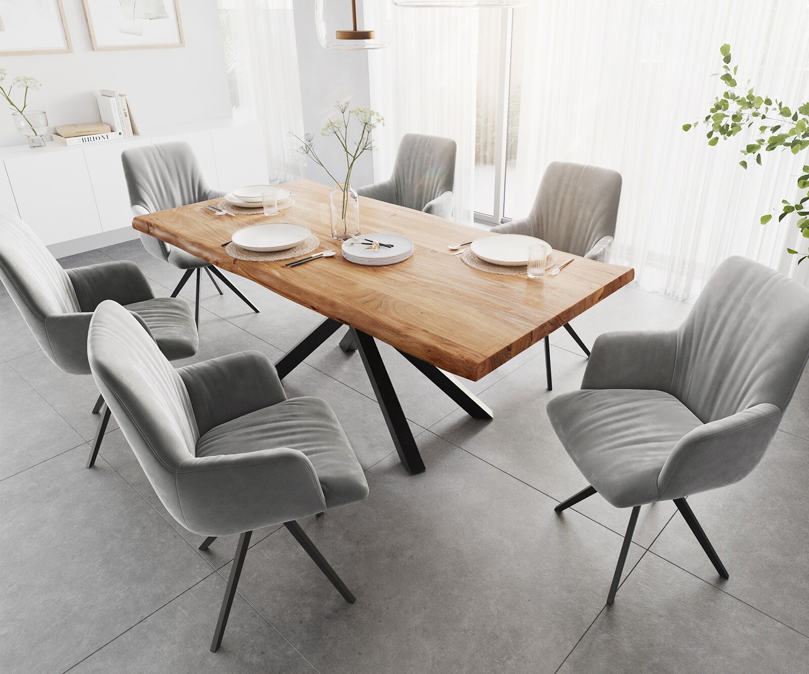 Table à manger Edge 200x100 XL Acacia Naturel cadre croisé Rectangle Noir Live-Edge 4