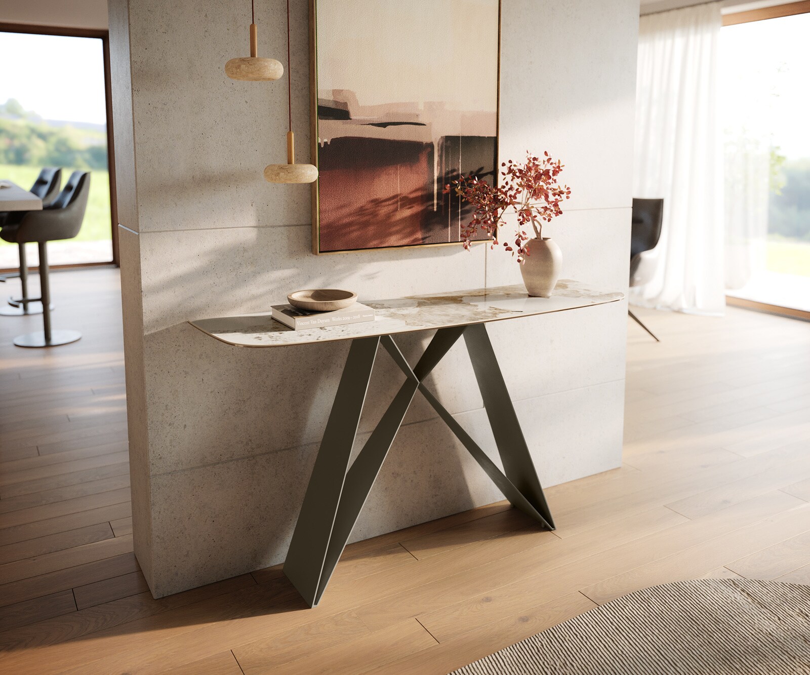Console Edge forme bateau 140x40 cm Céramique Minas Melange Weiß-Beige Velio Métal Effektfinish Titan 3