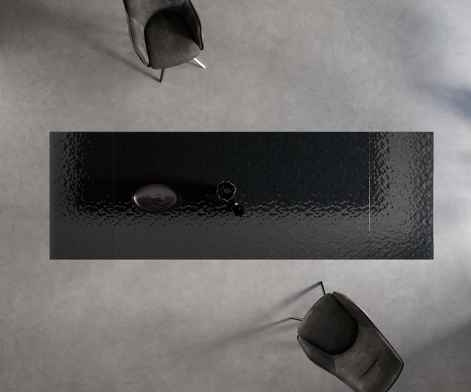 Table à manger Edge 200-300x100 verre fondu noir fumé relief en 3D cadre en W noir extensible 8