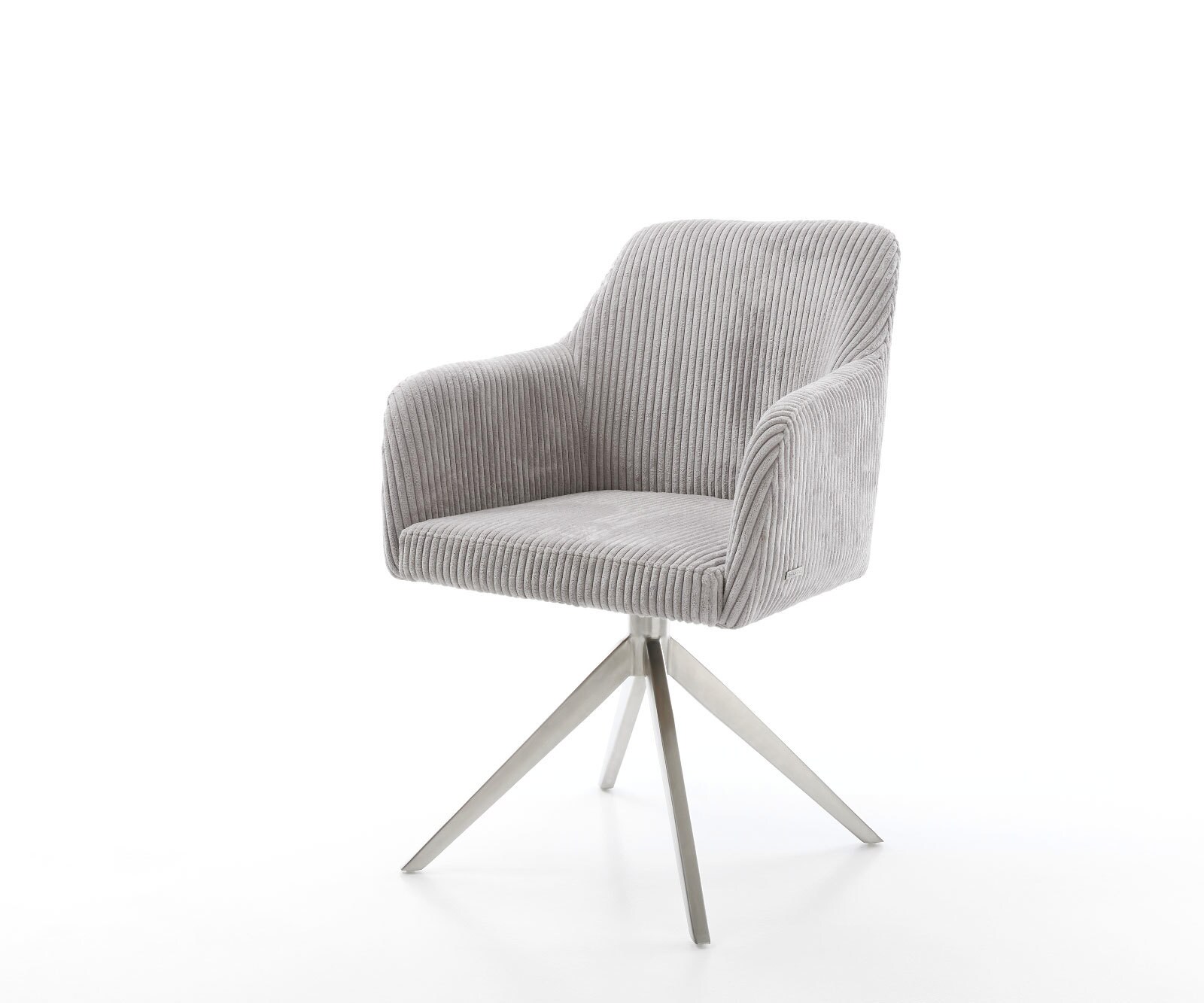Chaise-de-salle-à-manger Greg-Flex côtelé gris argenté pied croisé large acier inoxydable brossé ressorts ensachés