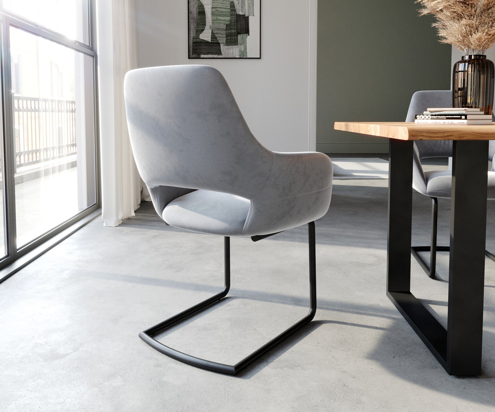 Cantilever Yago-Flex avec accoudoirs velours gris pied cantilever rond noir ressorts ensachés 4 Cantilever Yago-Flex avec accoudoirs velours gris pied cantilever rond noir ressorts ensachés 4
