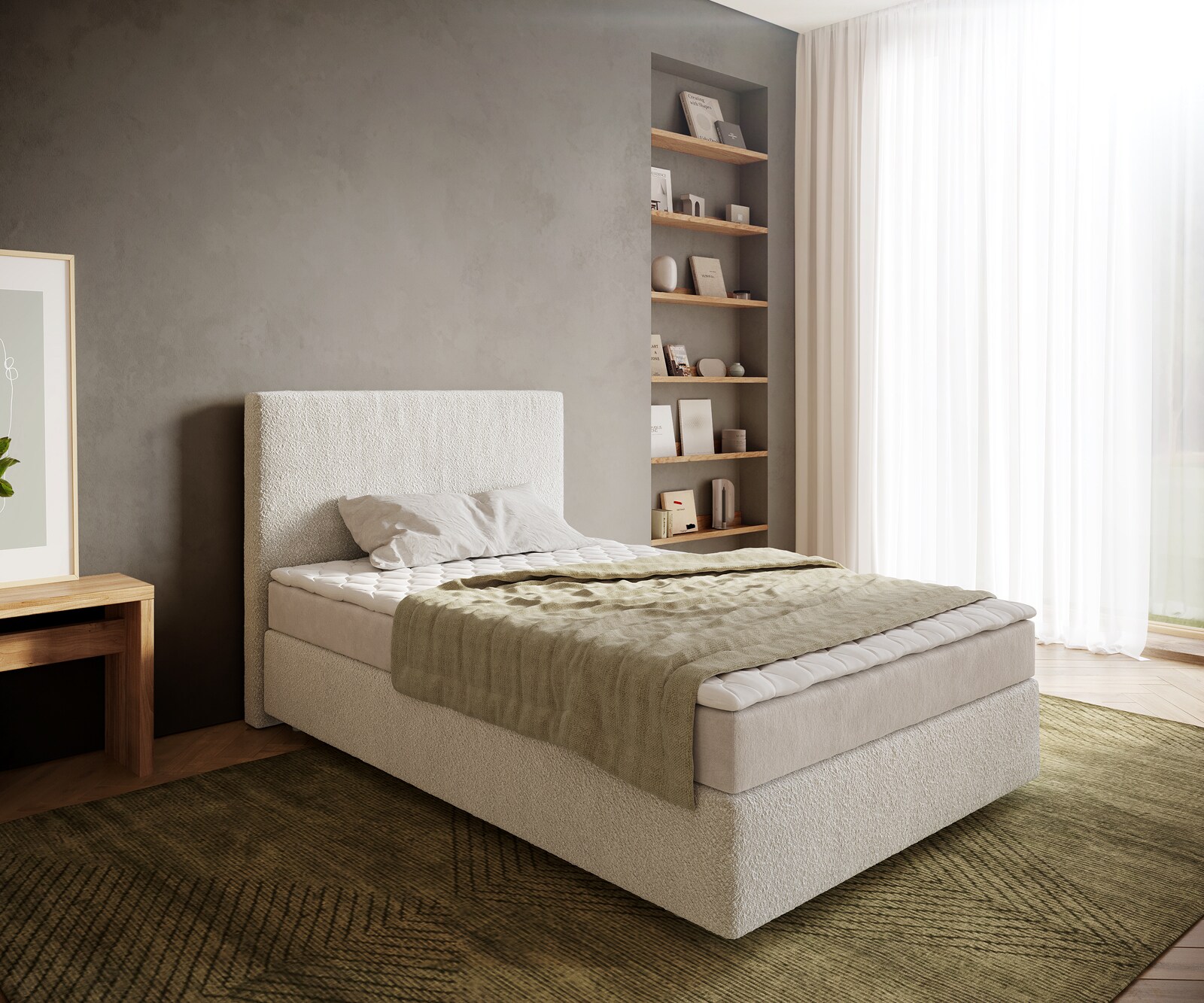 Lit-à-sommier-tapissier  Dream-Well 120x200 cm Bouclé Crème-Blanc avec matelas et surmatelas