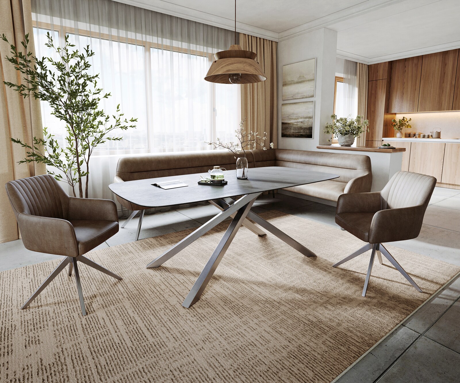 Table à manger Edge bateau 200x100 cm céramique béton gris piètement croisé rectangulaire inox 6