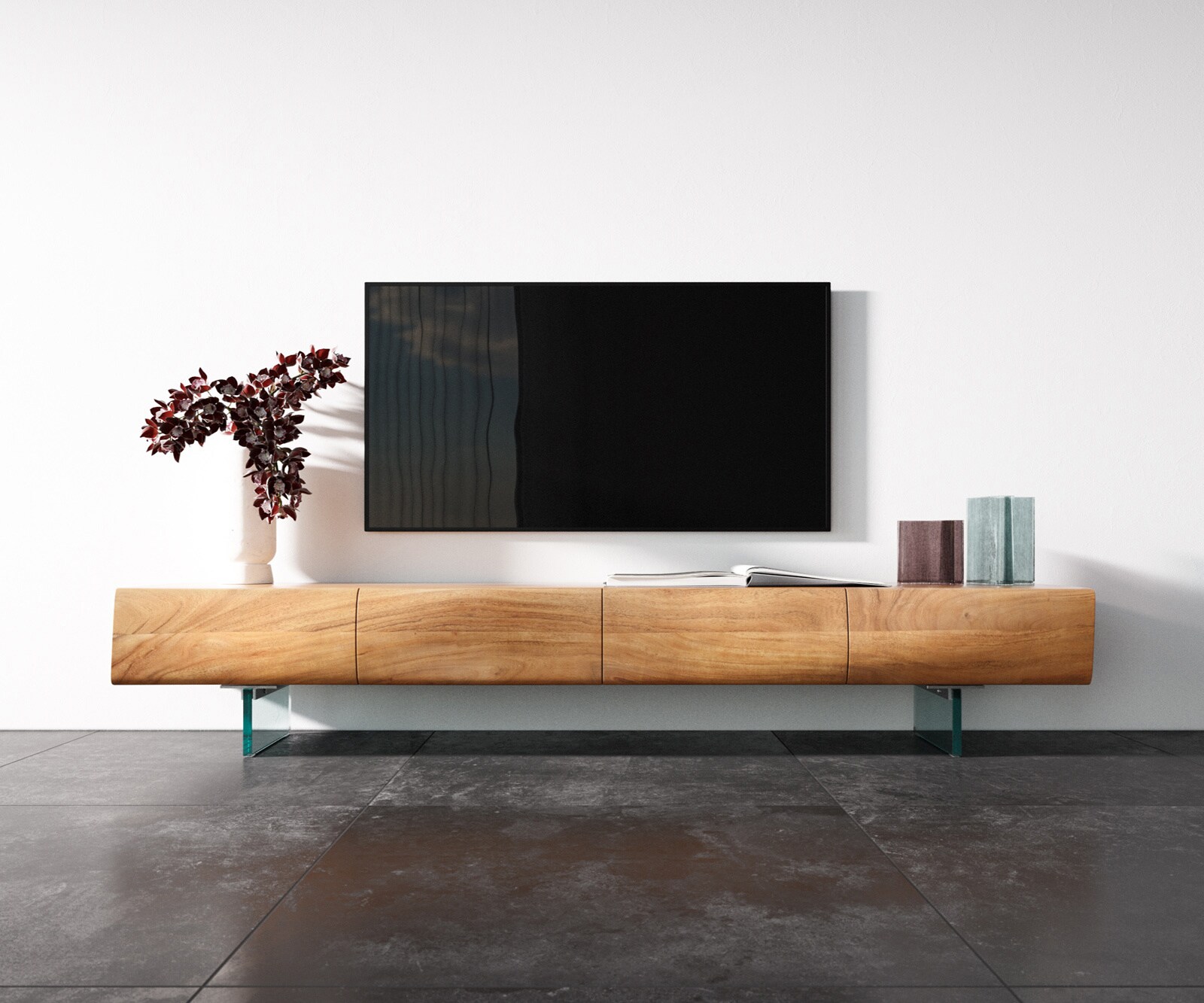 Meuble - TV New Live-Edge 200 cm acacia naturel 4 portes pied en verre 3