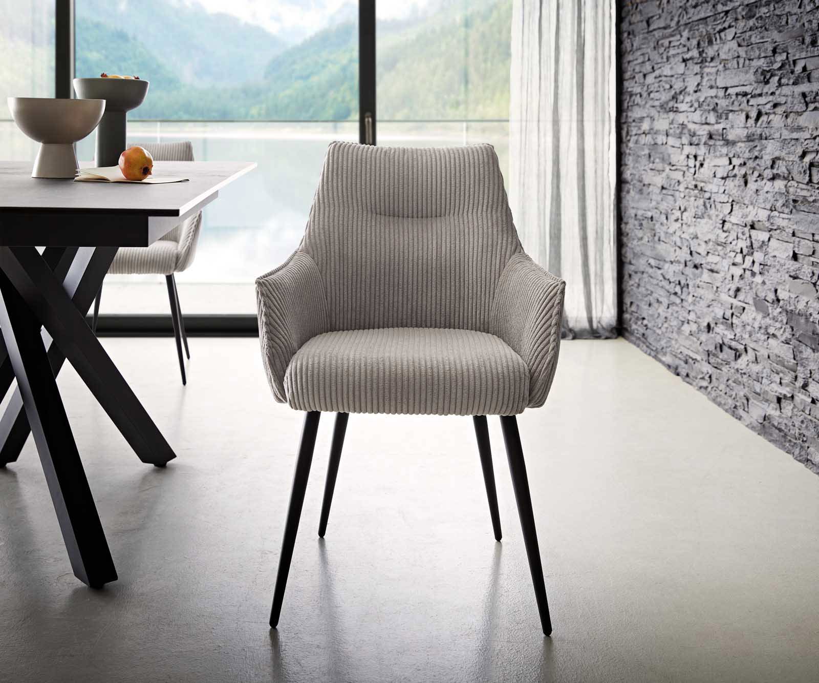 Chaise-de-salle-à-manger Alja-Flex avec accoudoirs côtelé gris argenté 4 pieds coniques noir ressorts ensachés 1