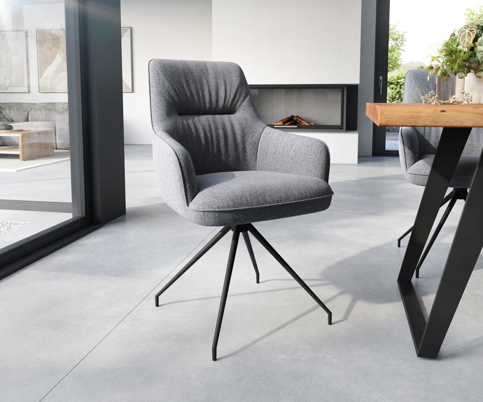 Chaise-de-salle-à-manger Zelia-Flex avec accoudoirs tissu texturé gris clair pied croisé conique noir ressorts ensachés