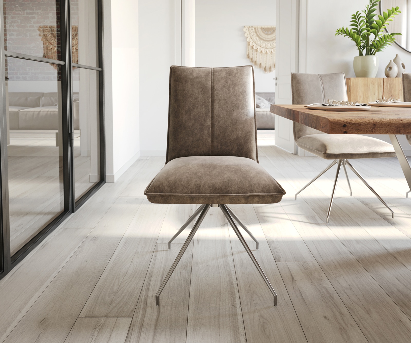 Chaise-de-salle-à-manger Lelio-Flex microvelours taupe vintage pied croisé conique acier inoxydable brossé ressorts ensachés 1 Chaise-de-salle-à-manger Lelio-Flex microvelours taupe vintage pied croisé conique acier inoxydable brossé ressorts ensachés 1