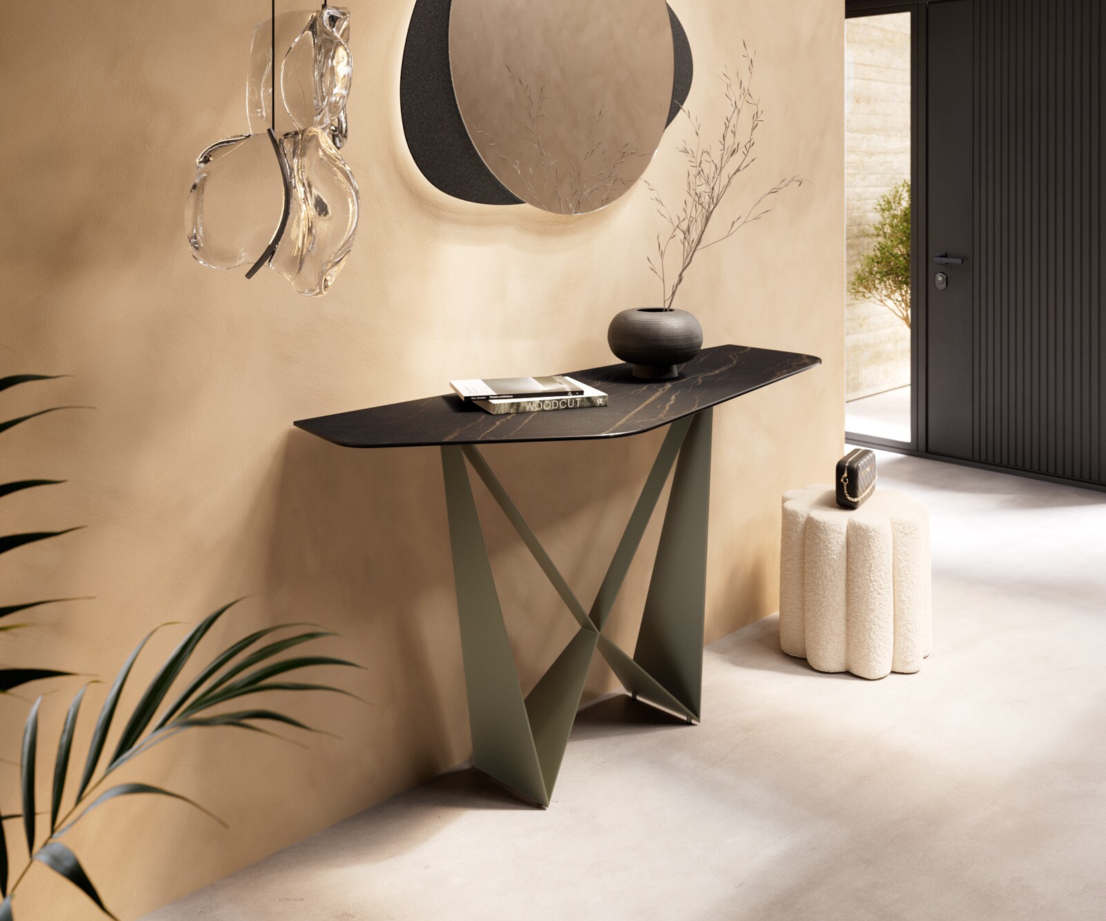 Console Edge Polygonal 140x50 cm Céramique Laminam® Noir Desir Braun Spios Métal Effektfinish Titan