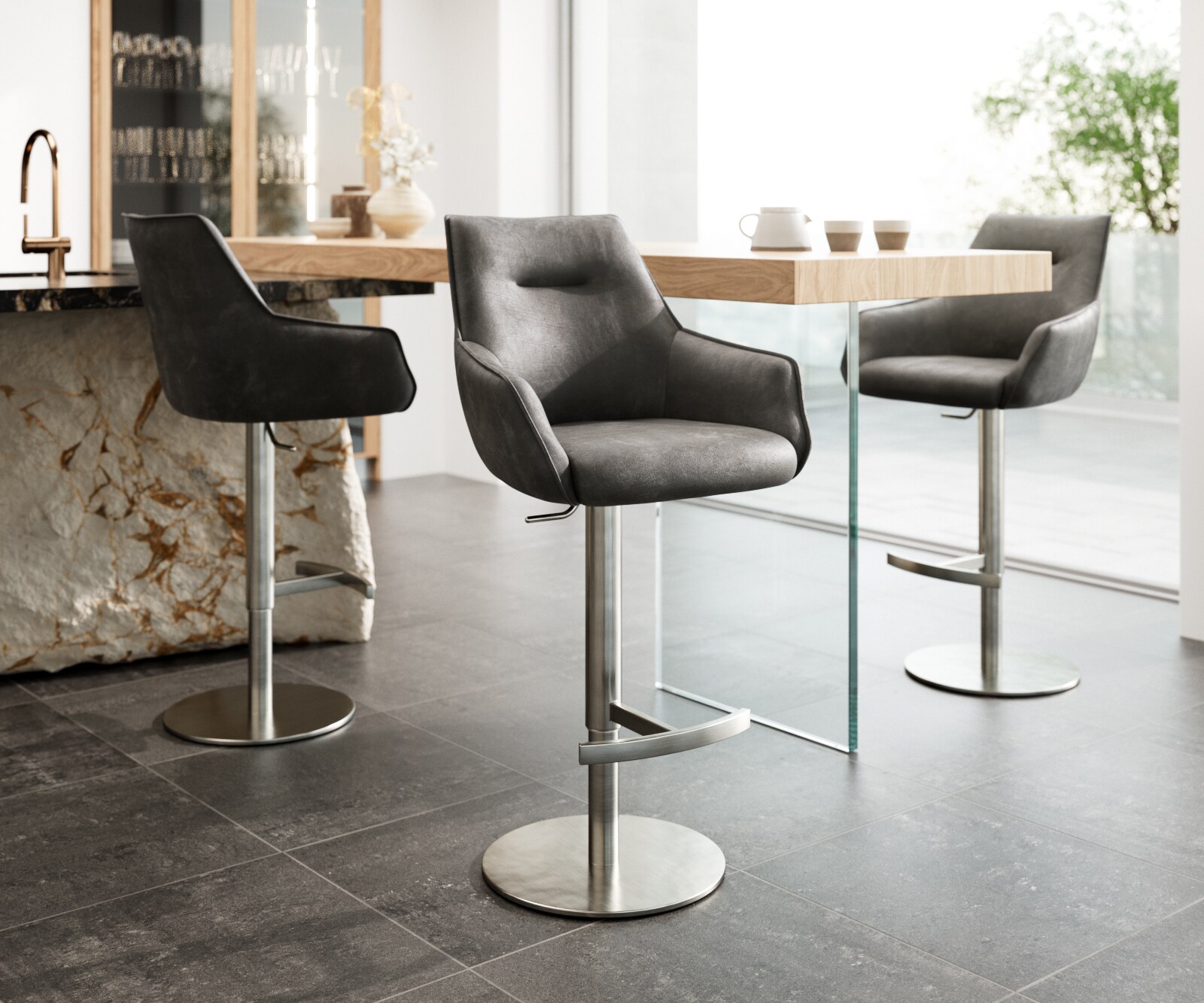 Chaise-de-bar Alja-Flex microfibre anthracite vintage pied pivotant réglable en hauteur acier inoxydable pivotant ressorts ensachés