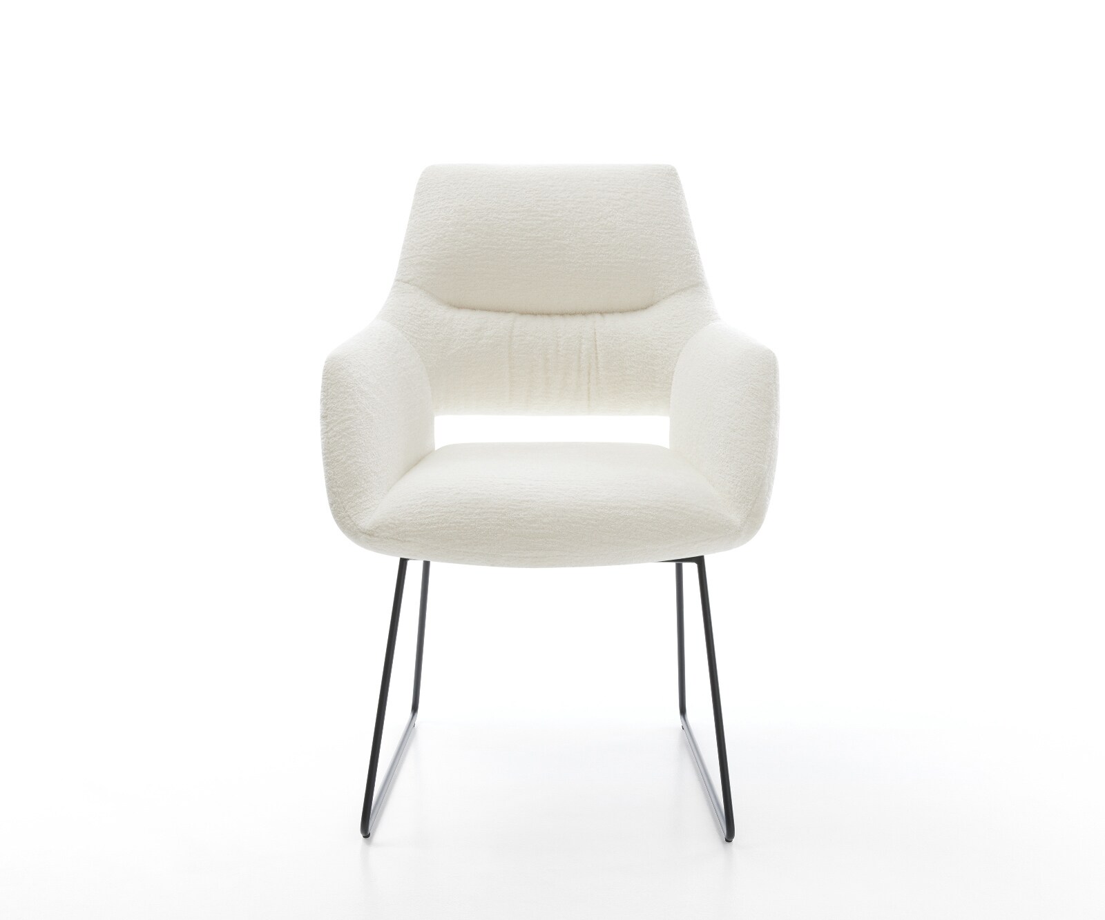 Chaise-de-salle-à-manger Yago-Flex avec accoudoirs bouclé doux beige pied trapèze noir resorts ensachés 2