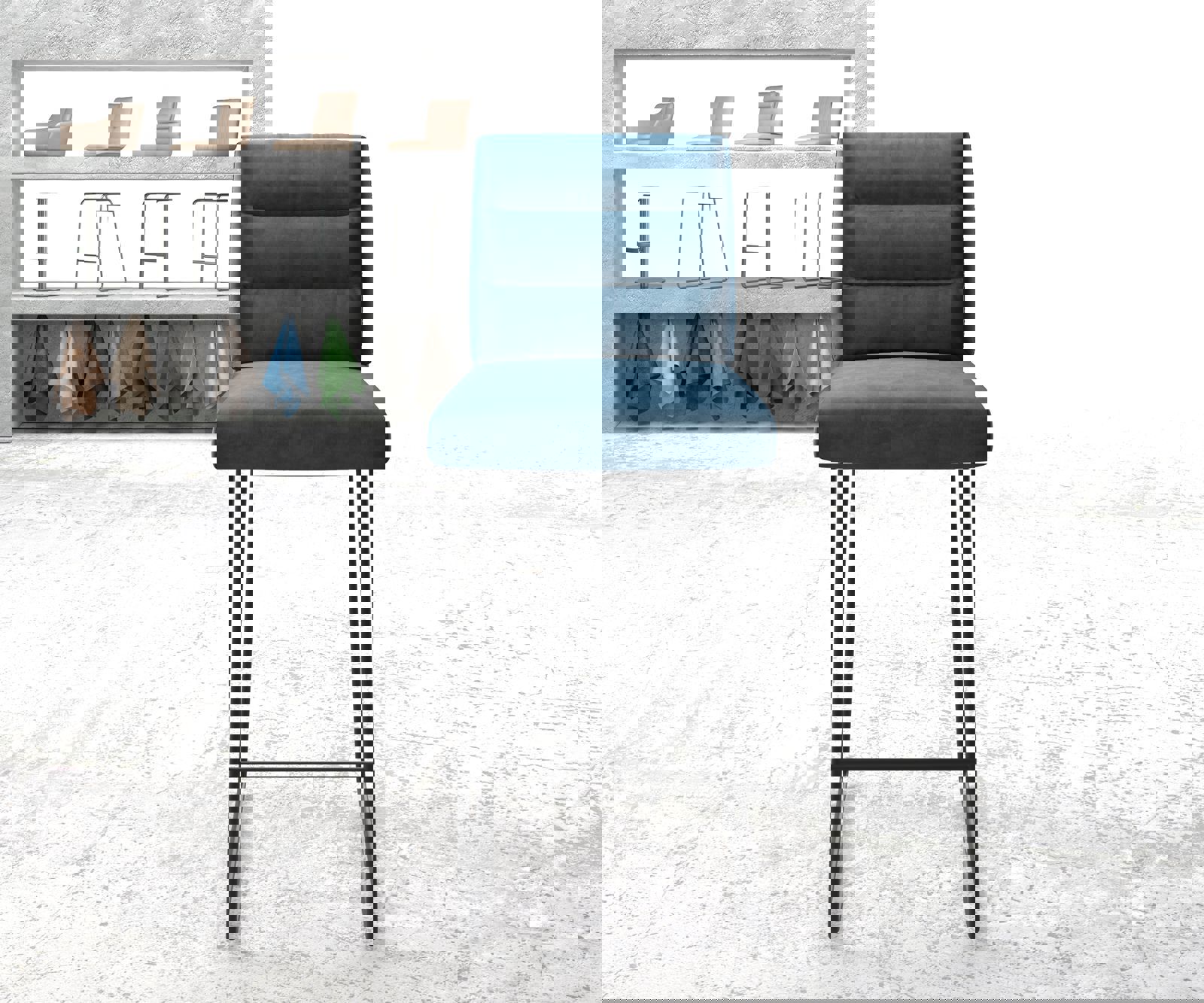 Chaise-de-bar Pela-Flex velours bleu cadre de patins métal 1 Chaise-de-bar Pela-Flex velours bleu cadre de patins métal 1