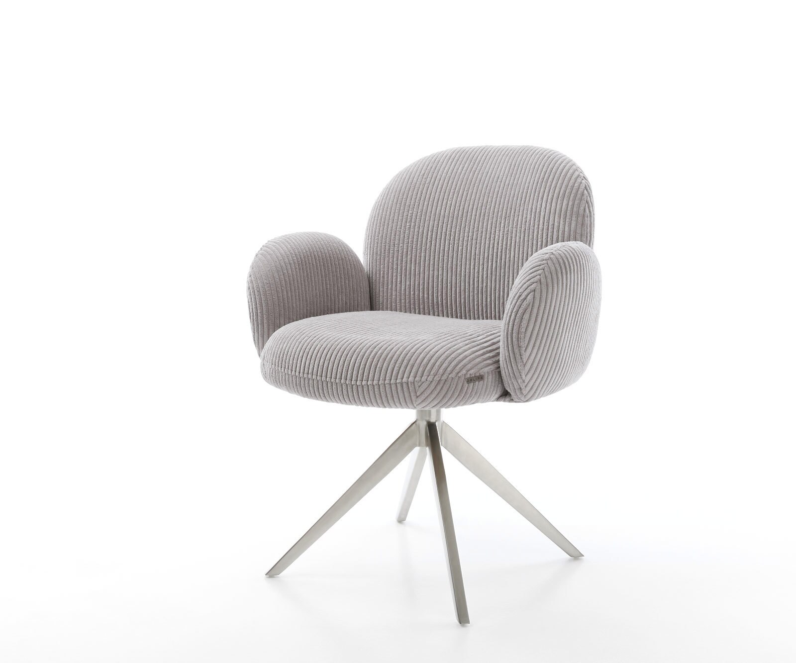 Chaise-pivotante Nube-Flex avec accoudoirs côtelé gris argenté pied croisé large acier inoxydable brossé pivotement sur 360° ressorts ensachés
