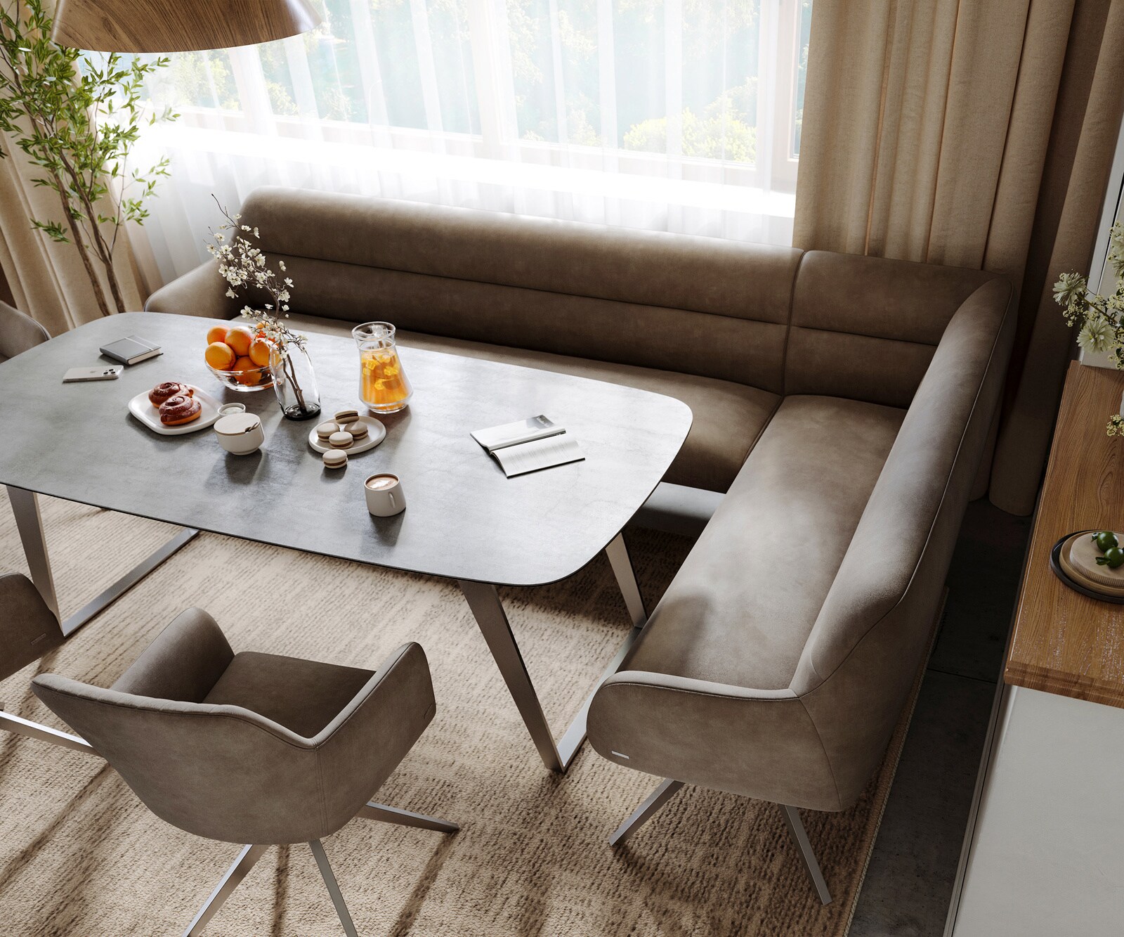 Banc-de-salle-à-manger Taya-Flex 285x190 cm microfibre taupe vintage pied croisé angulaire acier inoxydable ressort ensaché liens 4