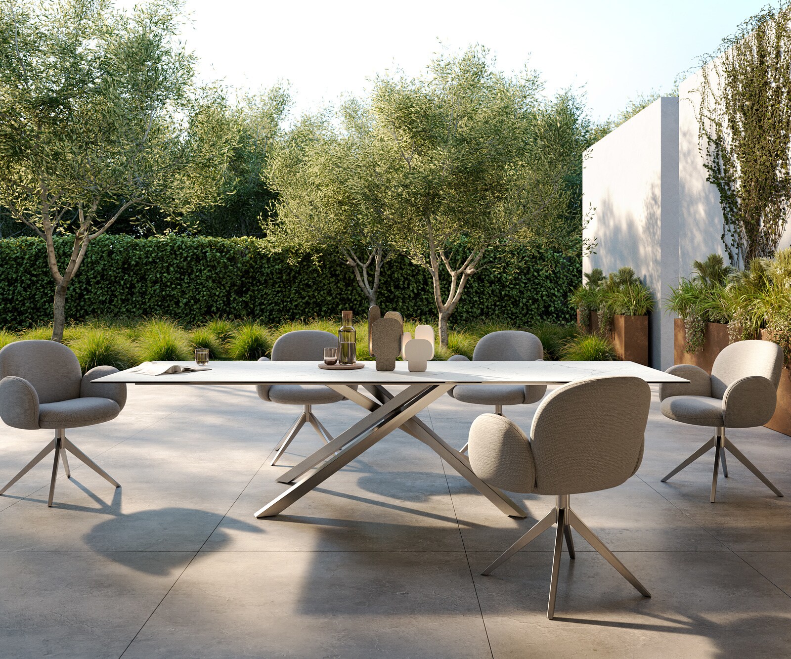 Table d’extérieur Edge 300x100 cm céramique Laminam® Statuarietto blanc piètement croisé rectangulaire en acier inoxydable 1