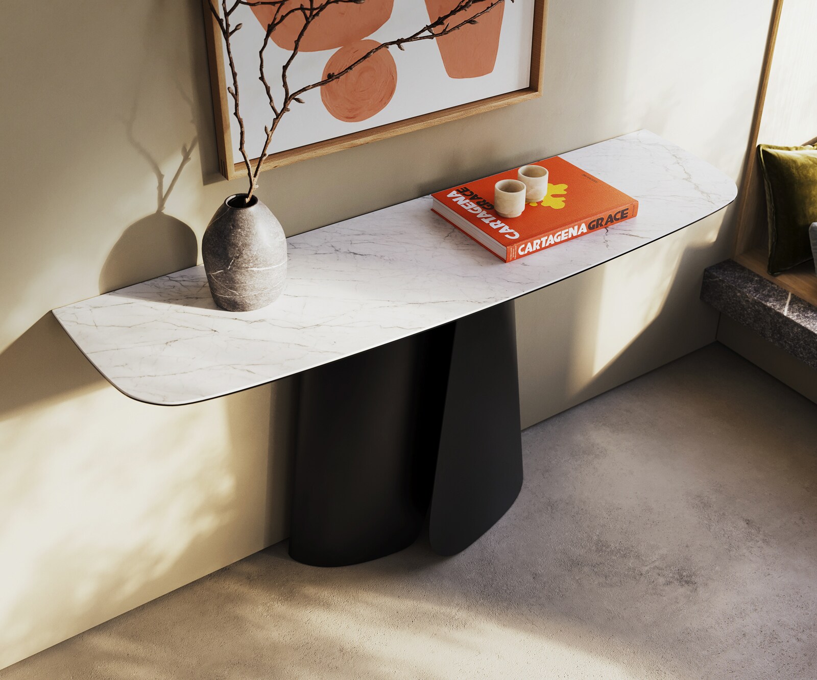 Console Edge forme bateau 140x40 cm Céramique Laminam® Statuarietto Weiß Livos Métal Noir 2