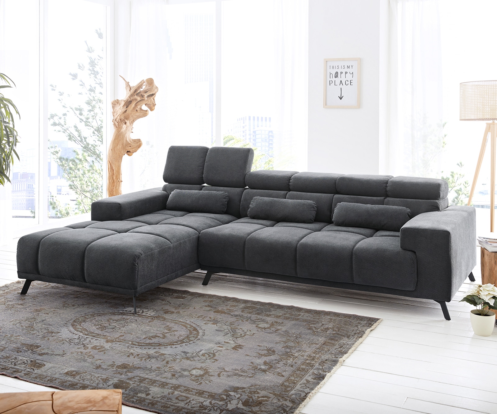 Canapé-d'angle Ordino 285x200 microfibre noir ottomane gauche réglage électrique de la profondeur d'assise Canapé-d'angle Ordino 285x200 microfibre noir ottomane gauche réglage électrique de la profondeur d'assise