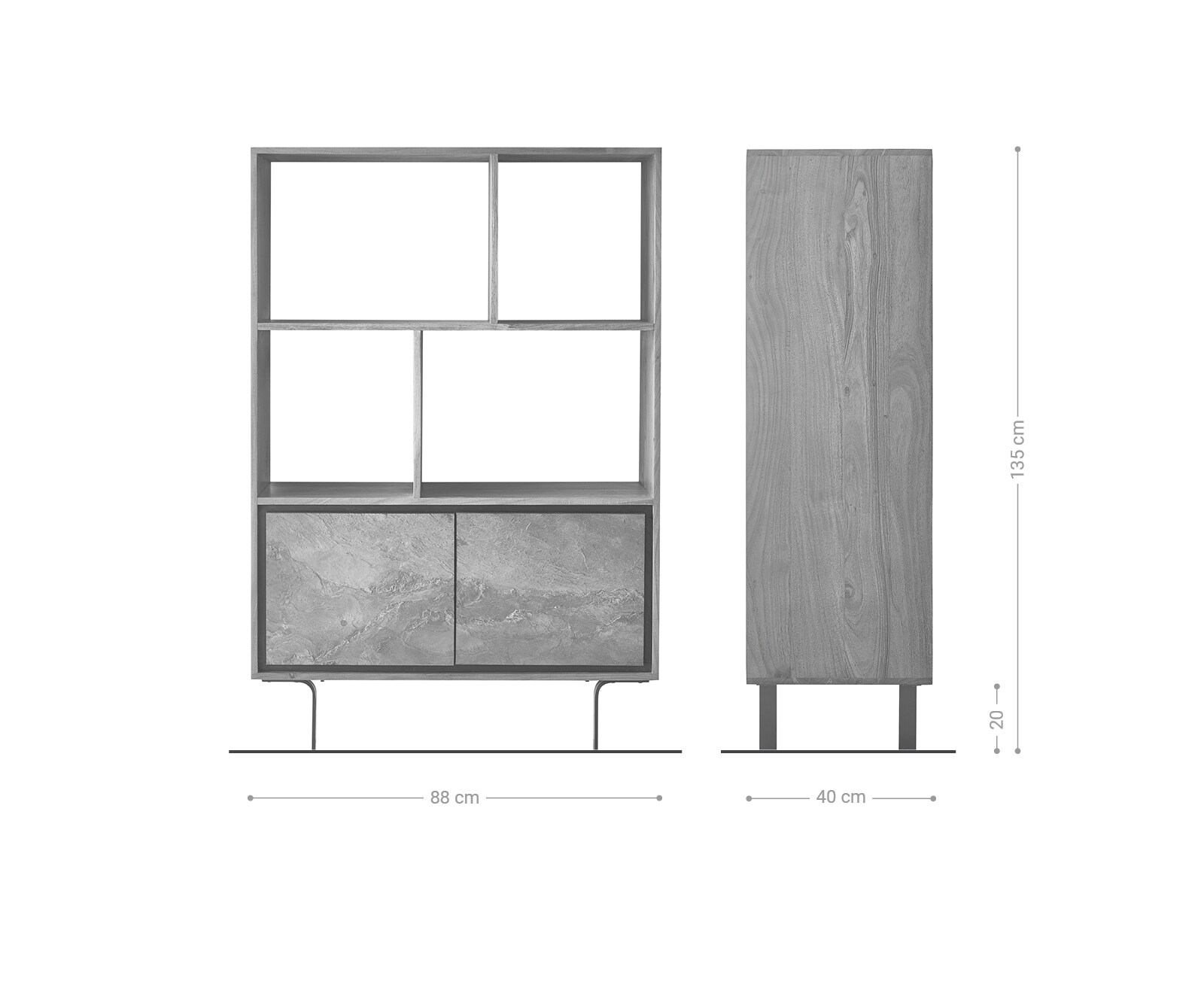 Buffet-haut Juwelo 88x135 cm acacia naturel avec placage de pierre  9