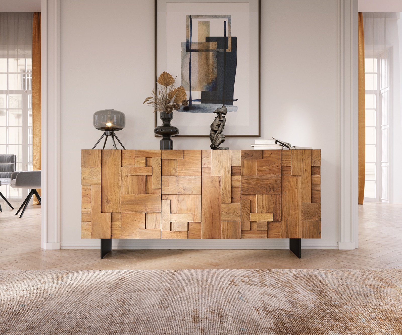 Buffet Puzzle 175 cm acacia naturel 3 portes pied flottant métal noir 1 Buffet Puzzle 175 cm acacia naturel 3 portes pied flottant métal noir 1