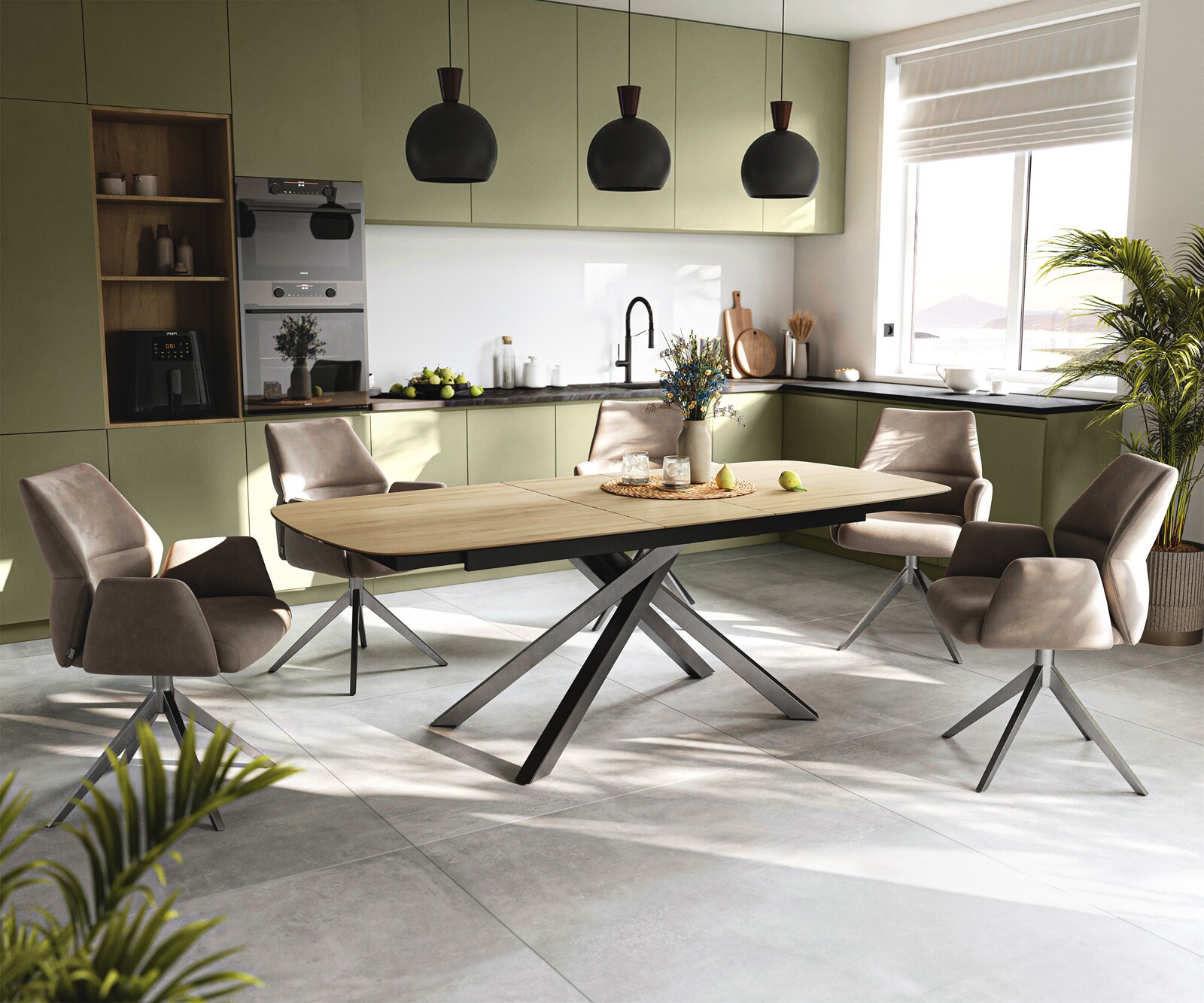 Table à manger Edge Boot 180-220x100 cm Céramique Laminam® Sabbia Eichefarbig piètement en croix Rectangle Acier inoxydable Graphite extensible 6