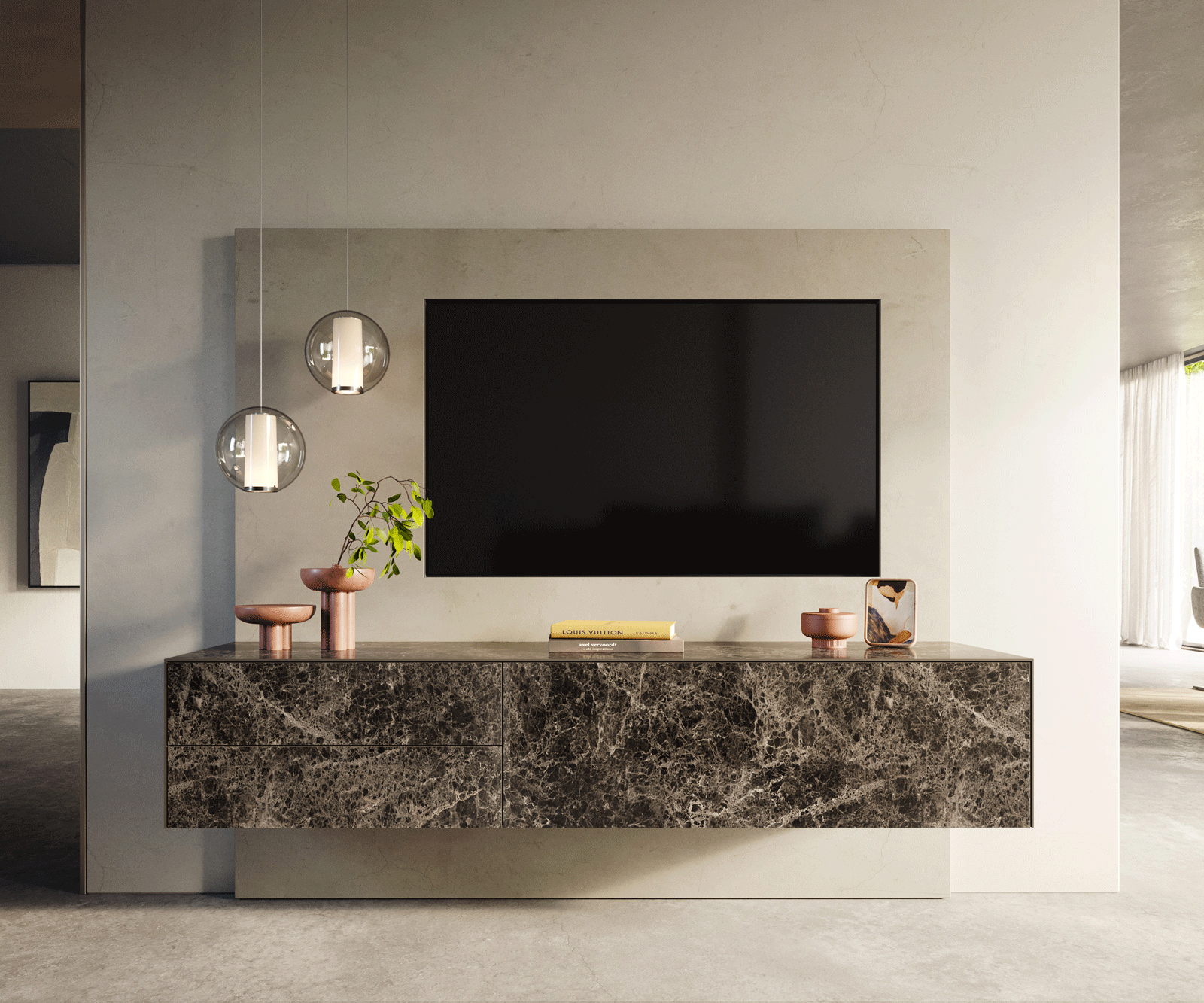 Meuble-TV Cuor 180 cm Céramique Laminam® Emperador Extra Lucidato brun foncé 1 Clapet 2 Tiroirs Flottant 2