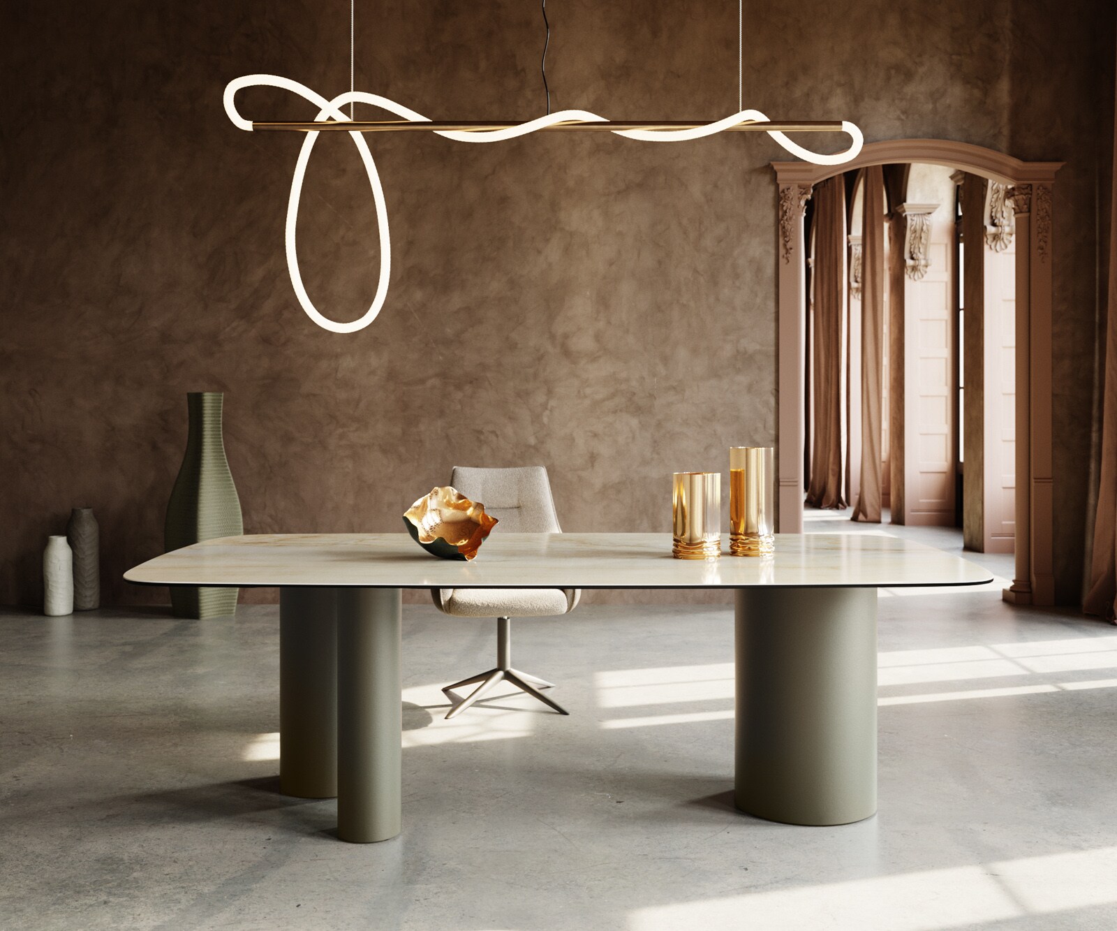 Table à manger Edge Boot 240x120 Céramique Iris FMG Onice OroTroa Métal finition à effet Titane 1